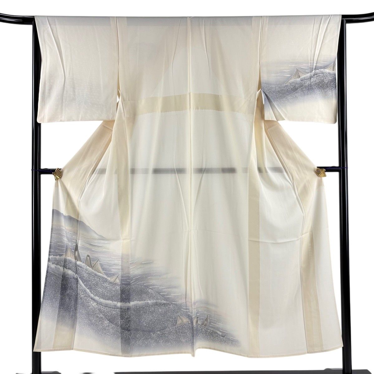 付下げ 身丈150.5cm 裄丈64.5cm M 薄物 絽 海辺の風景 網干 ぼかし クリーム 正絹 秀品 【中古】 8,378円