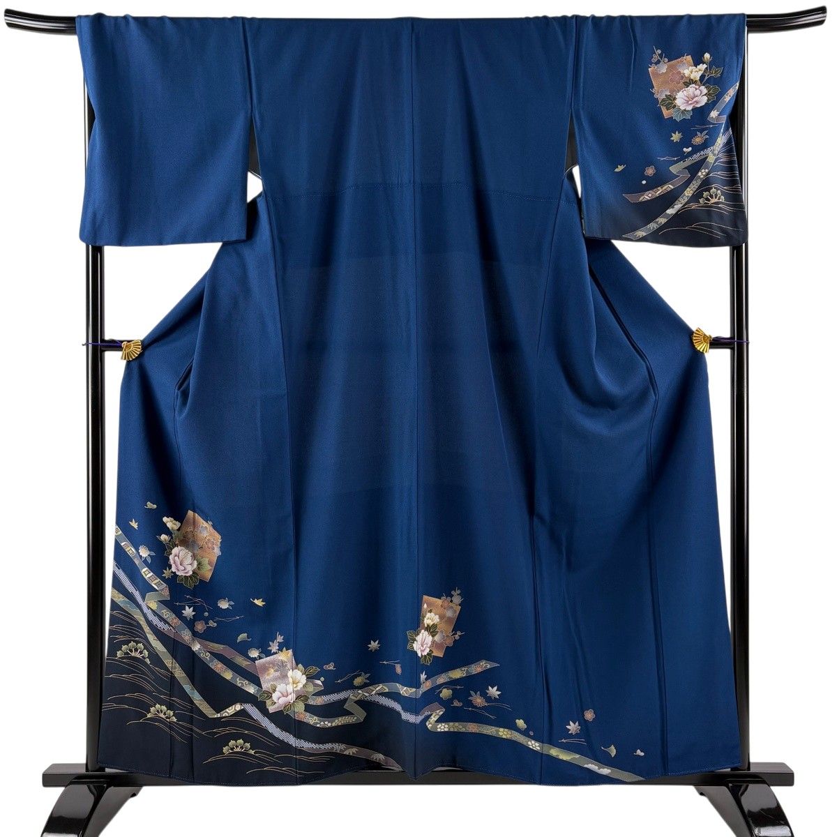 【美品】 付下げ 身丈159cm 裄丈68cm L 袷 扇面 草花 金彩 裾ぼかし 藍色 正絹 秀品 【中古】