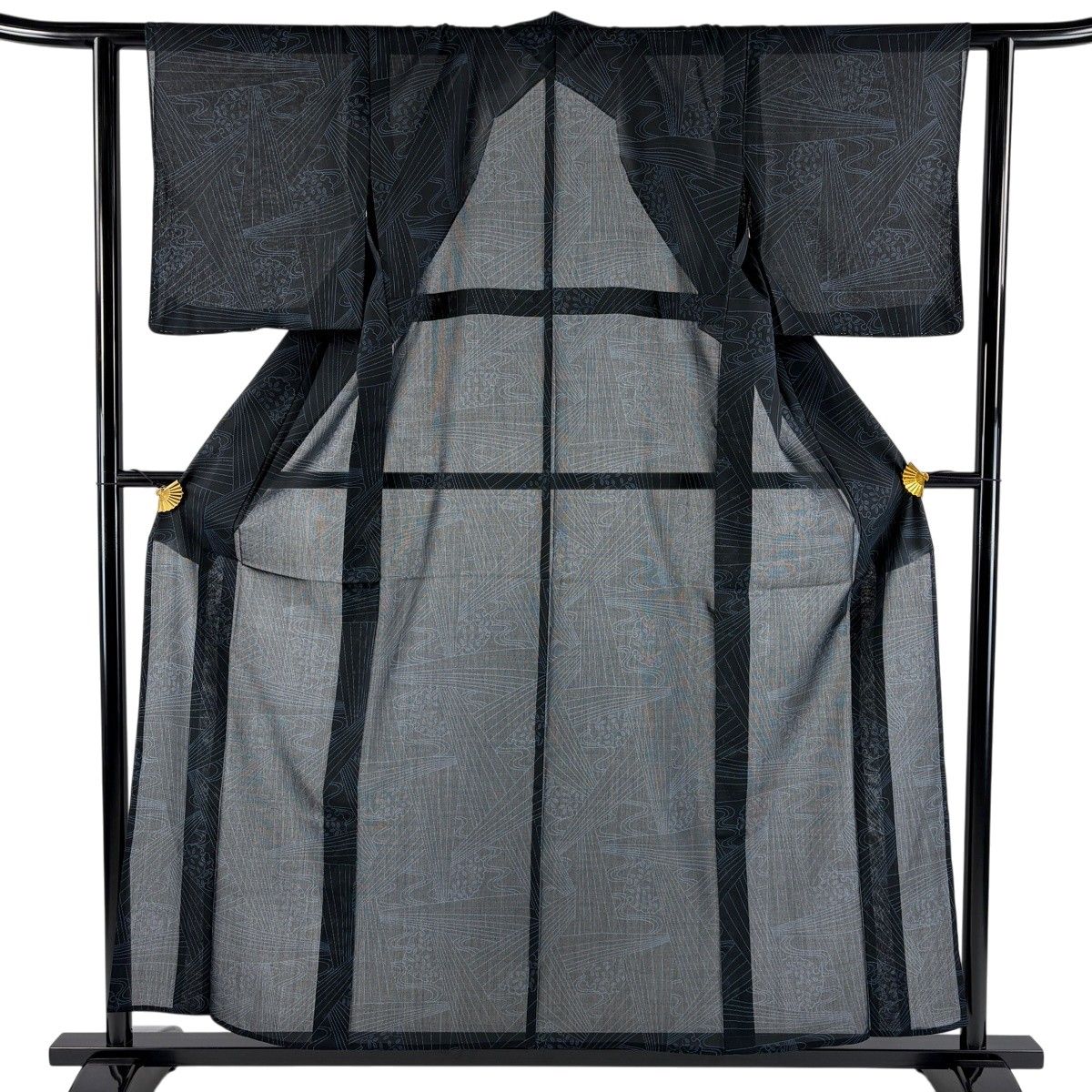 【美品】 紬 身丈155.5cm 裄丈61.5cm S 薄物 夏紬 雪輪 流水 黒 正絹 秀品 【中古】
