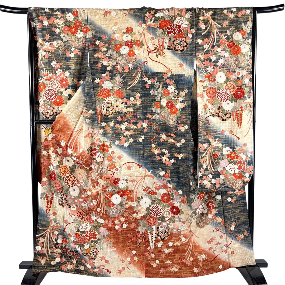振袖 身丈162.5cm 裄丈66.5cm M 袷 花車 尾長鳥 金糸 金彩 紺色 正絹 秀品 【中古】
