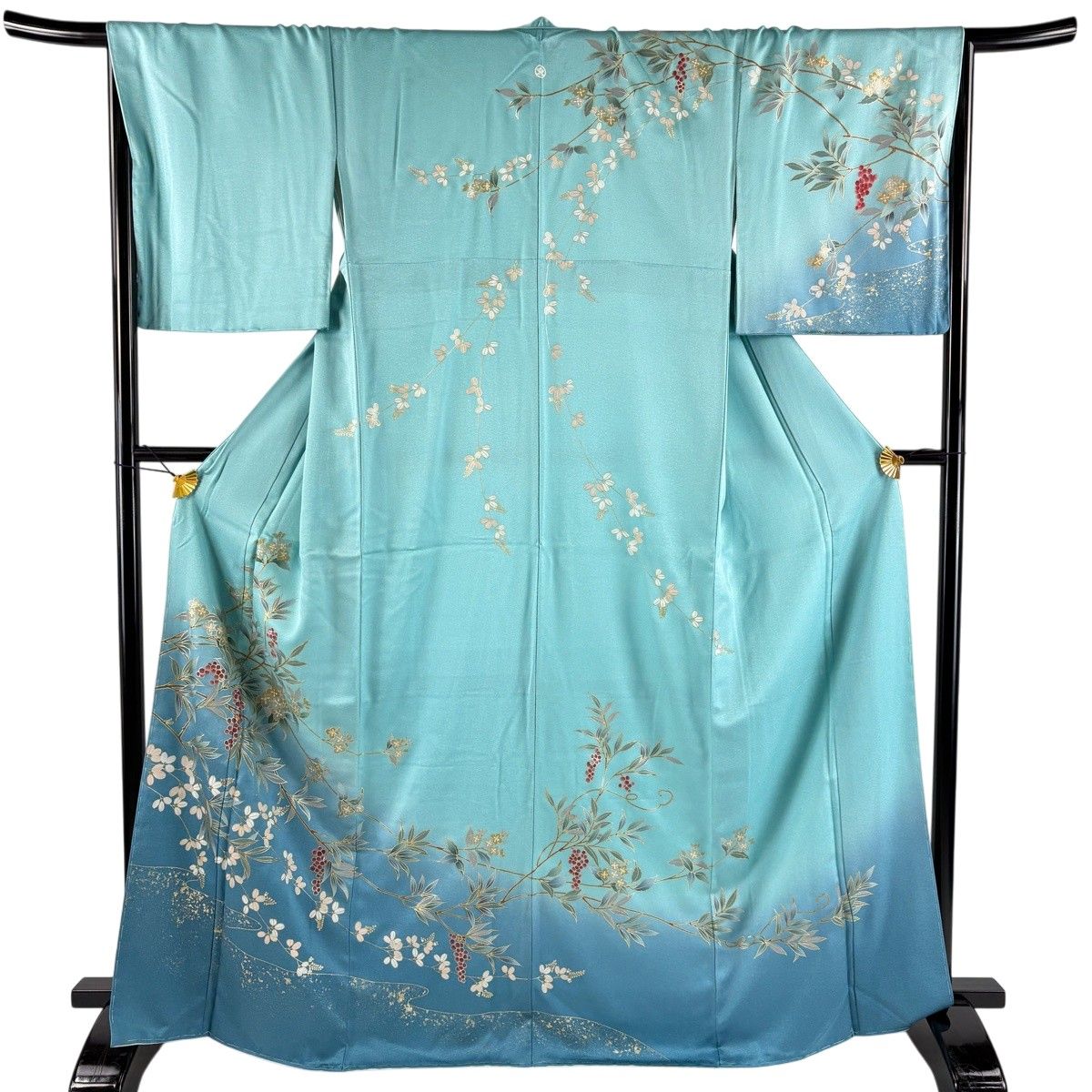 訪問着 身丈168cm 裄丈67.5cm L 袷 葉と実 萩 金彩 染め分け 水色 正絹 秀品 一つ紋 【中古】