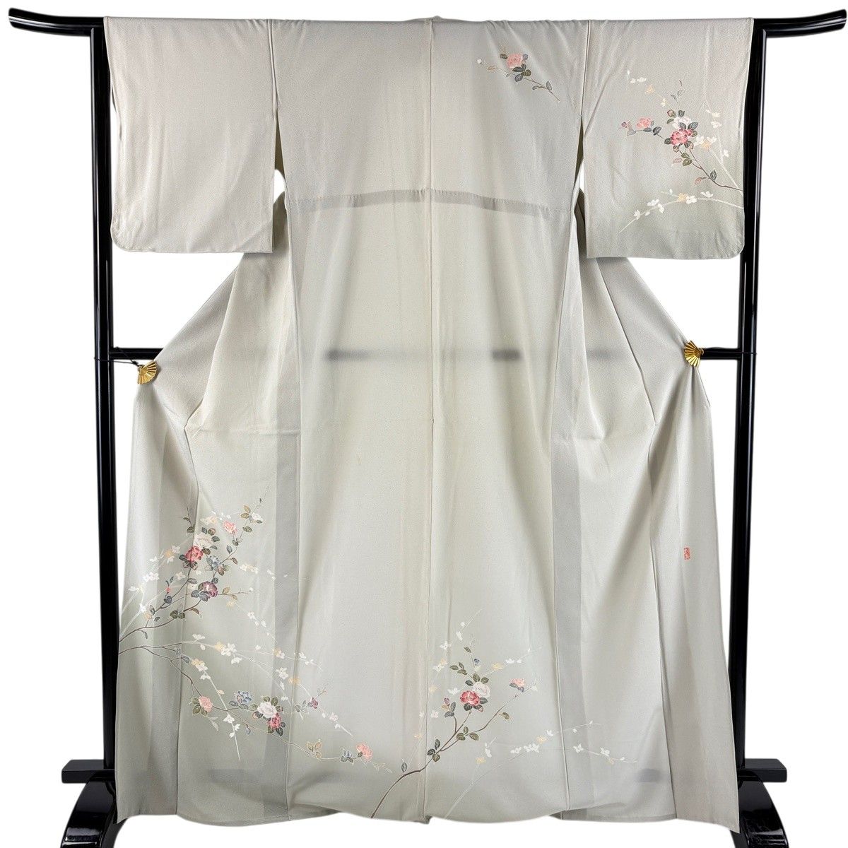 訪問着 身丈169.5cm 裄丈64cm M 単衣 落款 枝花 ぼかし 金彩 灰緑 正絹 秀品 【中古】