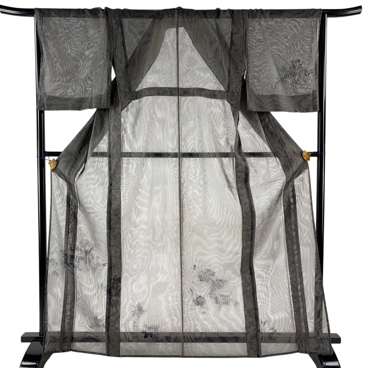 付下げ 身丈166cm 裄丈65.5cm M 紗袷 椿 金彩 墨色 正絹 秀品 【中古】