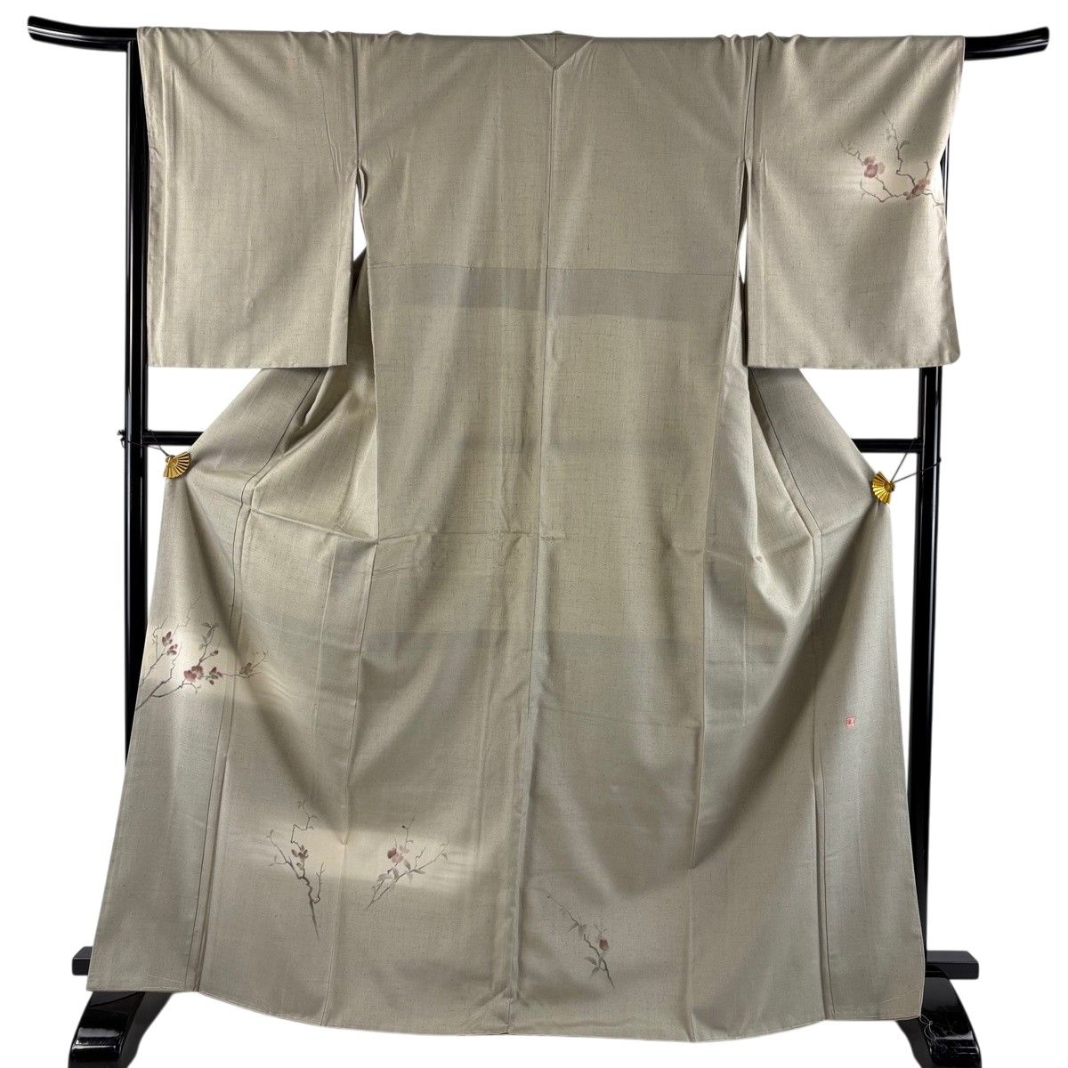 【美品】 付下げ 身丈168cm 裄丈68cm L 袷 やまと 紬地 落款 枝花 霞 灰色 正絹 秀品 【中古】