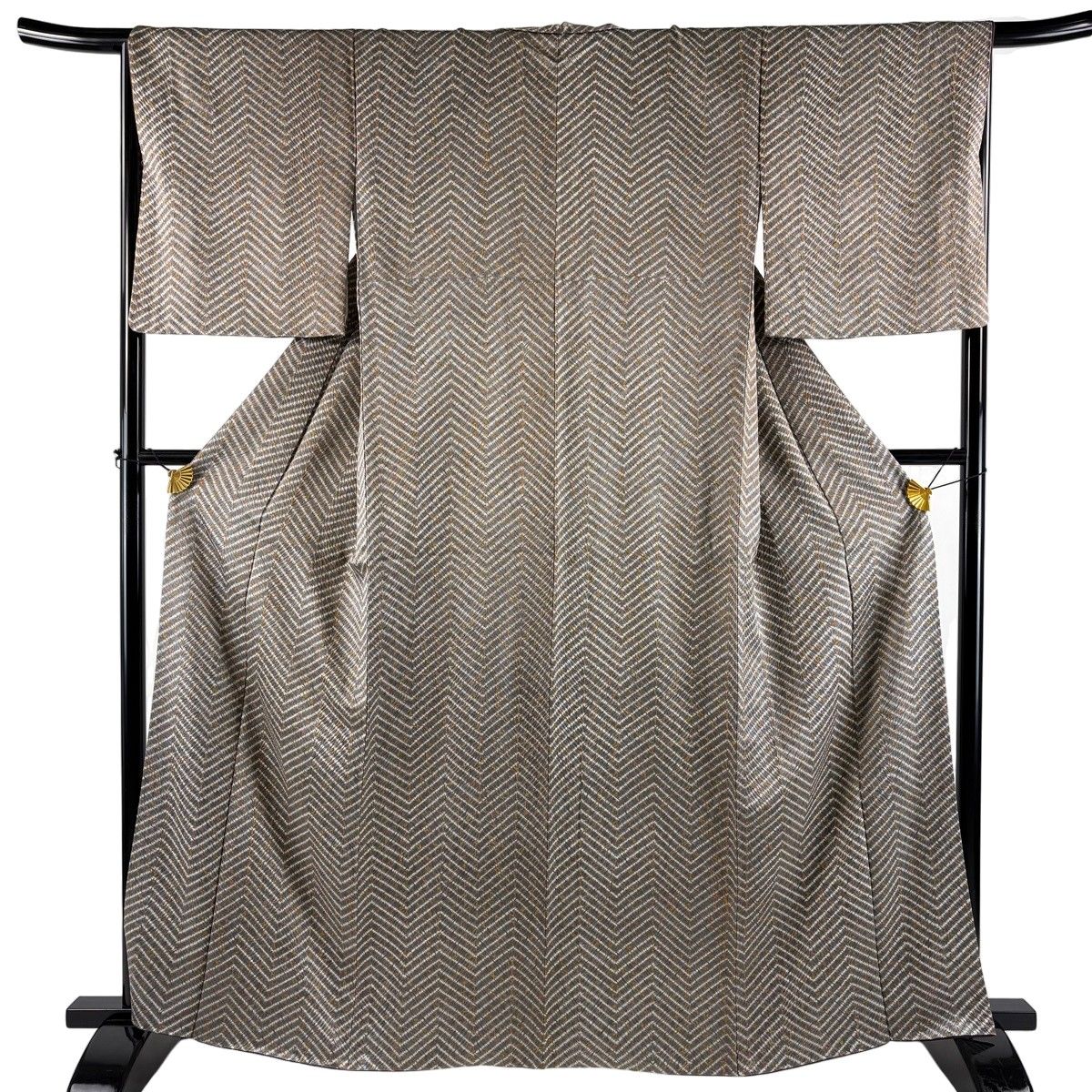 【美品】 小紋 身丈163cm 裄丈66cm M 袷 幾何学模様 絞り 灰茶 正絹 秀品 【中古】