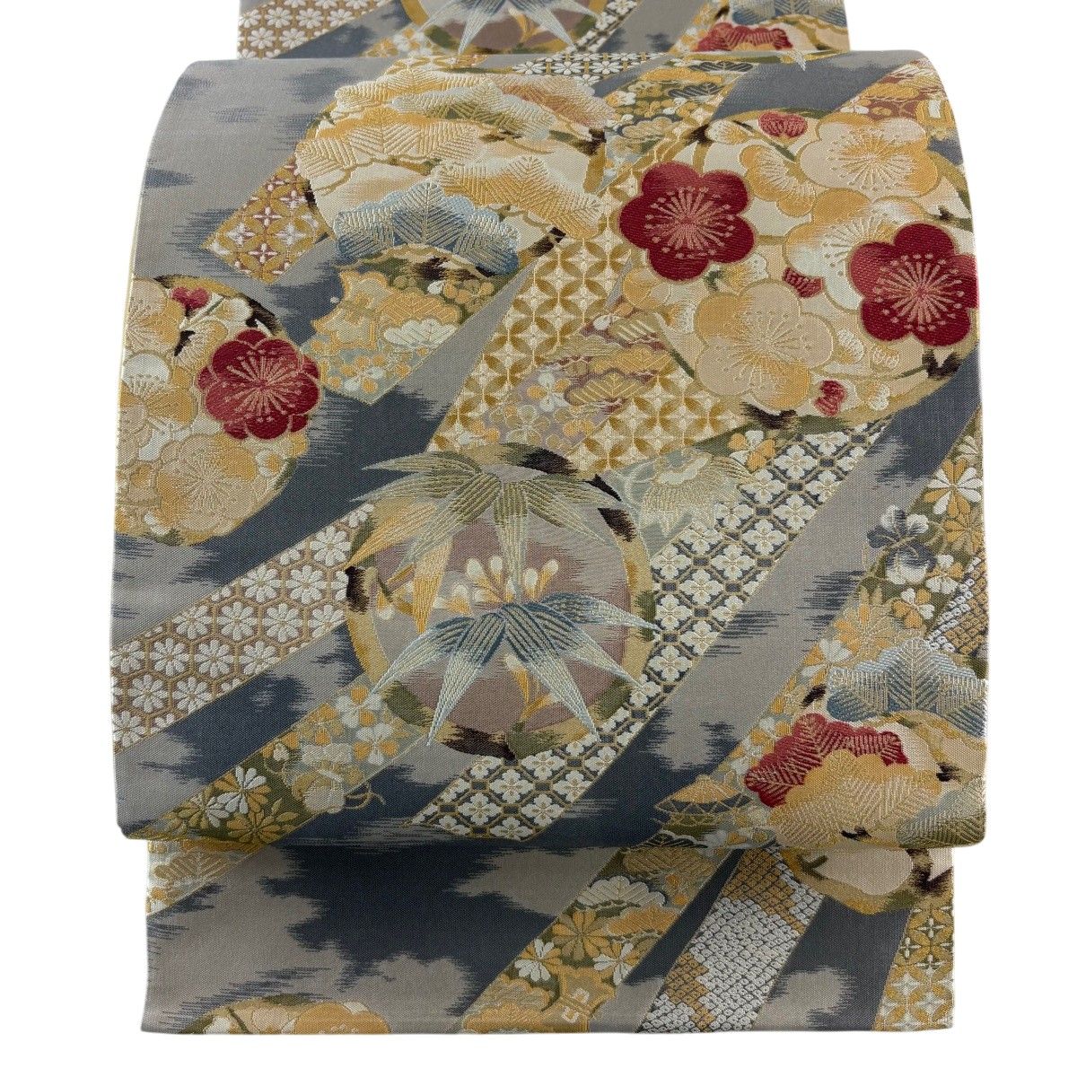 【美品】 袋帯 秀品 ますいわ屋 松竹梅 熨斗 金糸 灰紫 六通 正絹 【中古】