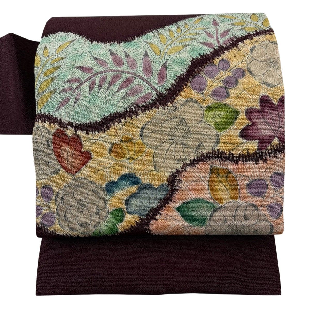 名古屋帯 秀品 辻が花柄 縮緬 濃紫 正絹 【中古】
