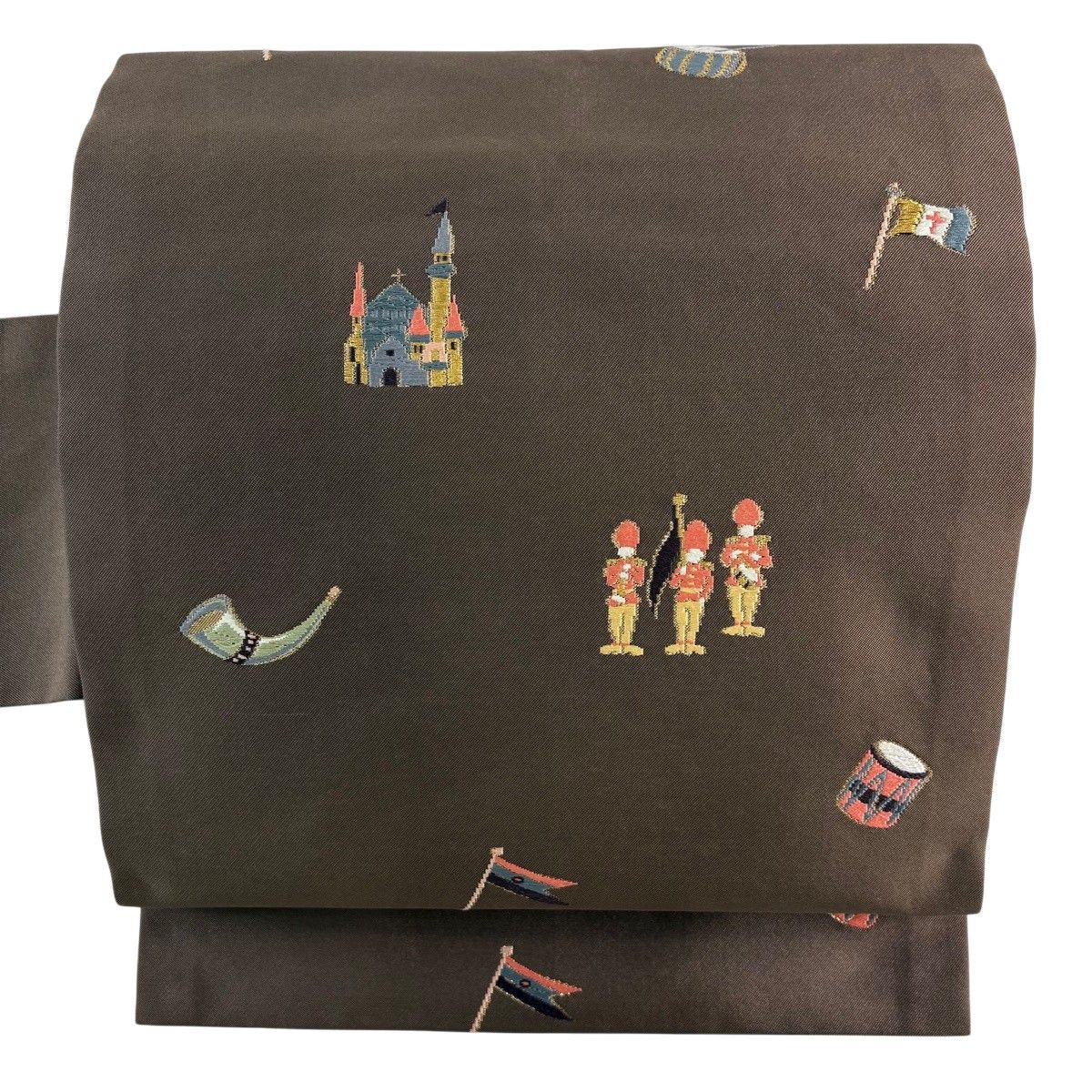 名古屋帯 秀品 城 兵隊 箔 金糸 茶色 正絹 【中古】