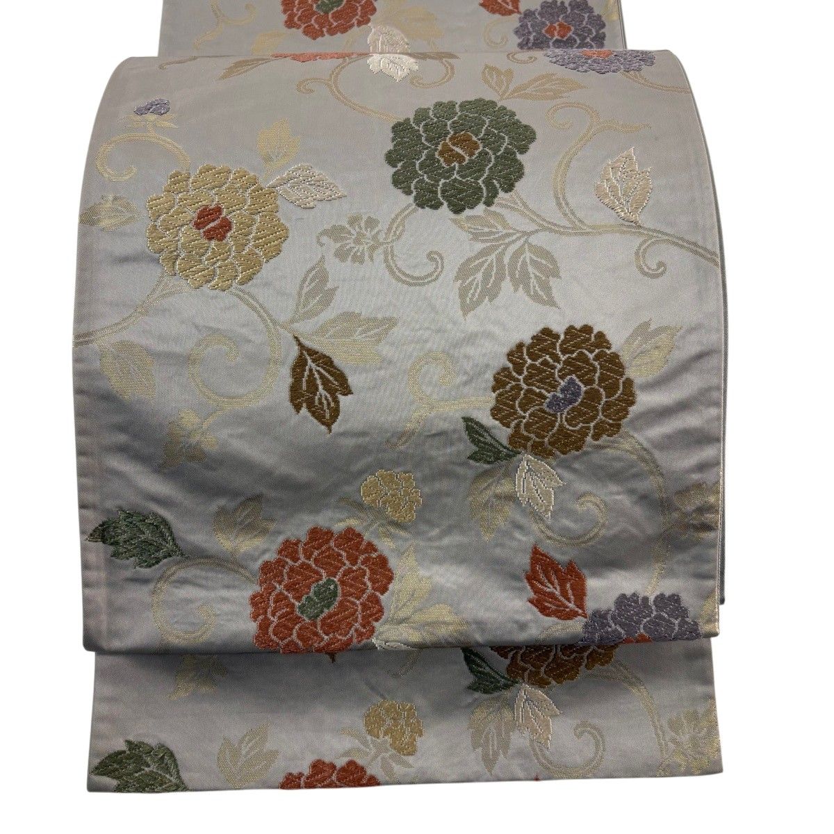 【美品】 袋名古屋帯 秀品 牡丹唐草 箔 灰茶 正絹 【中古】