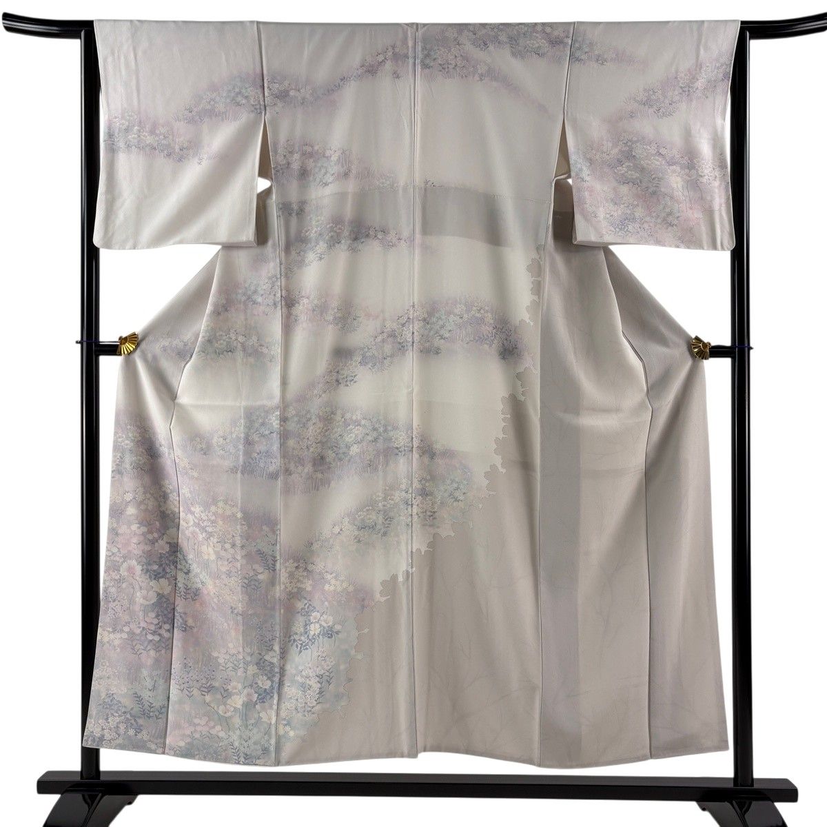 【美品】 訪問着 身丈152cm 裄丈64cm M 袷 草花 ぼかし 灰白 正絹 名品 【中古】