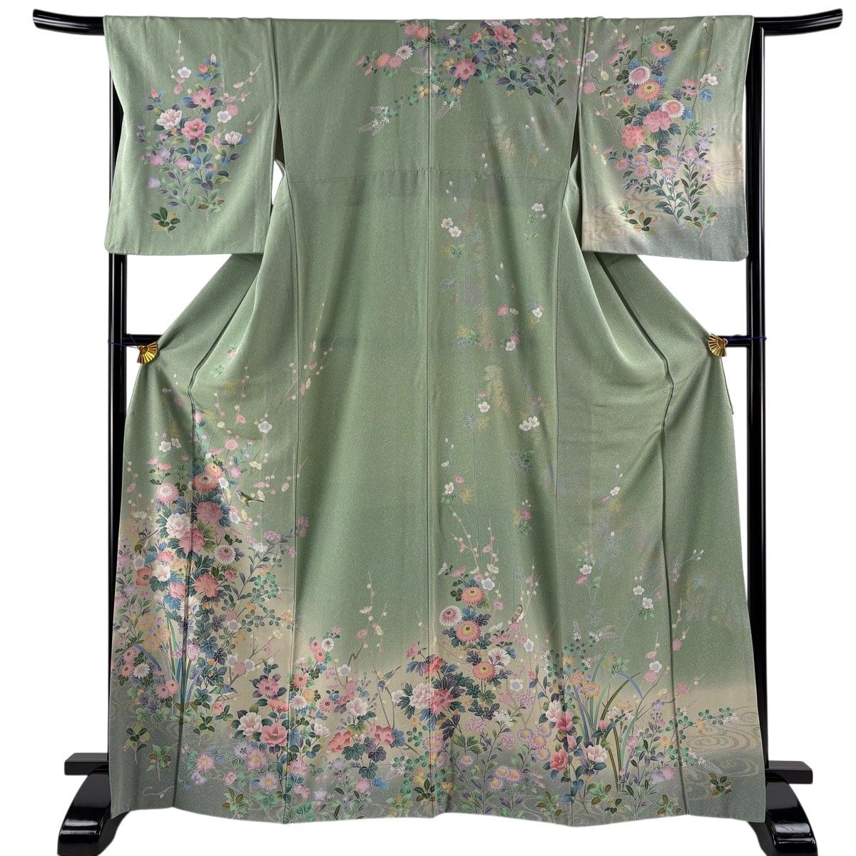 【美品】 訪問着 身丈167cm 裄丈66cm M 袷 花鳥 流水 金彩 ぼかし 薄緑 正絹 名品 【中古】
