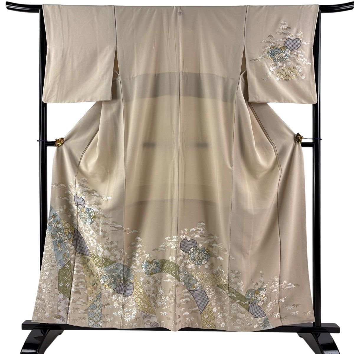 訪問着 身丈158cm 裄丈65.5cm M 袷 団扇 笠松 刺繍 金銀糸 薄茶色 正絹 名品 一つ紋 【中古】