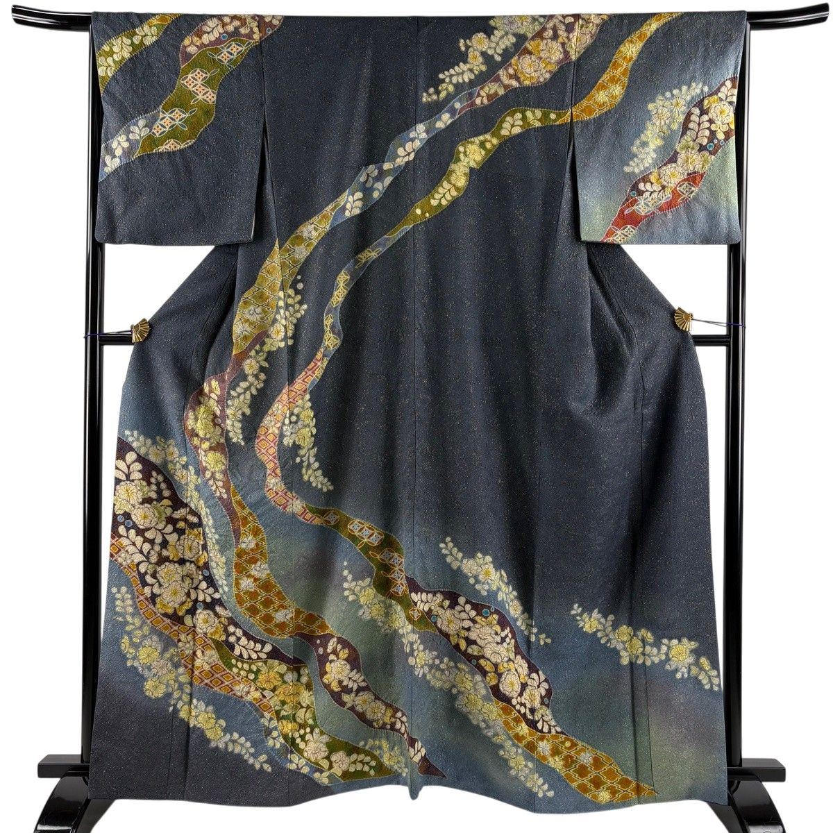 訪問着 身丈164cm 裄丈67cm M 袷 辻が花 松川菱 金通し ぼかし 灰緑 正絹 名品 【中古】