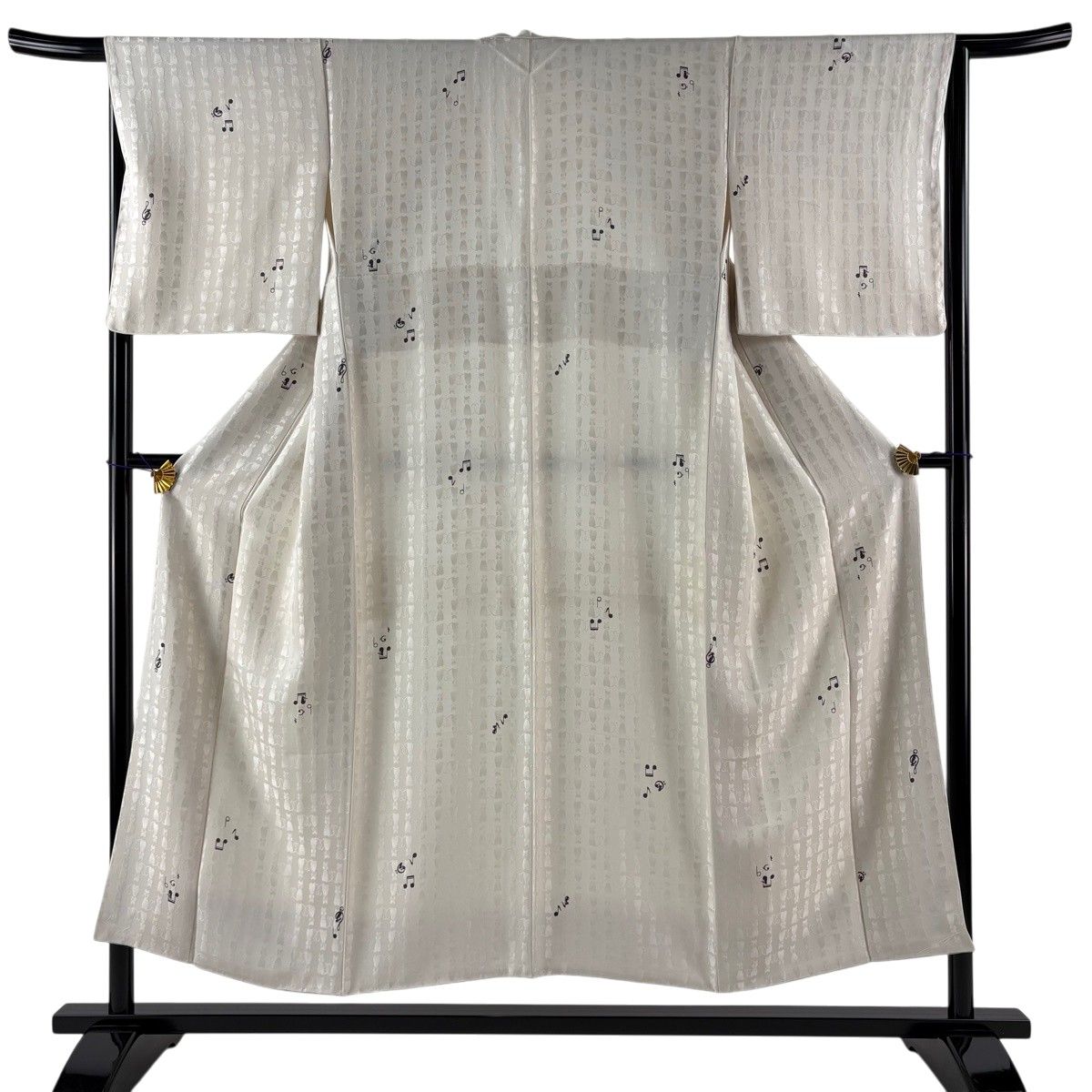 【美品】 小紋 身丈150.5cm 裄丈65.5cm M 袷 音符 猫 クリーム 正絹 逸品 【中古】