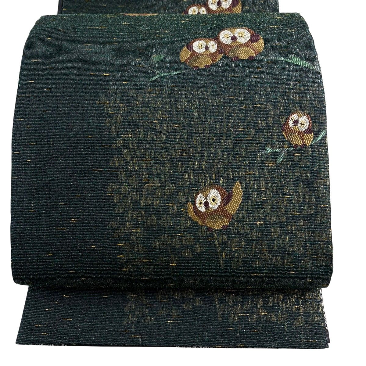 袋名古屋帯 逸品 リバーシブル トンネル仕立て ふくろう 市松 金糸 箔 深緑 正絹 【中古】