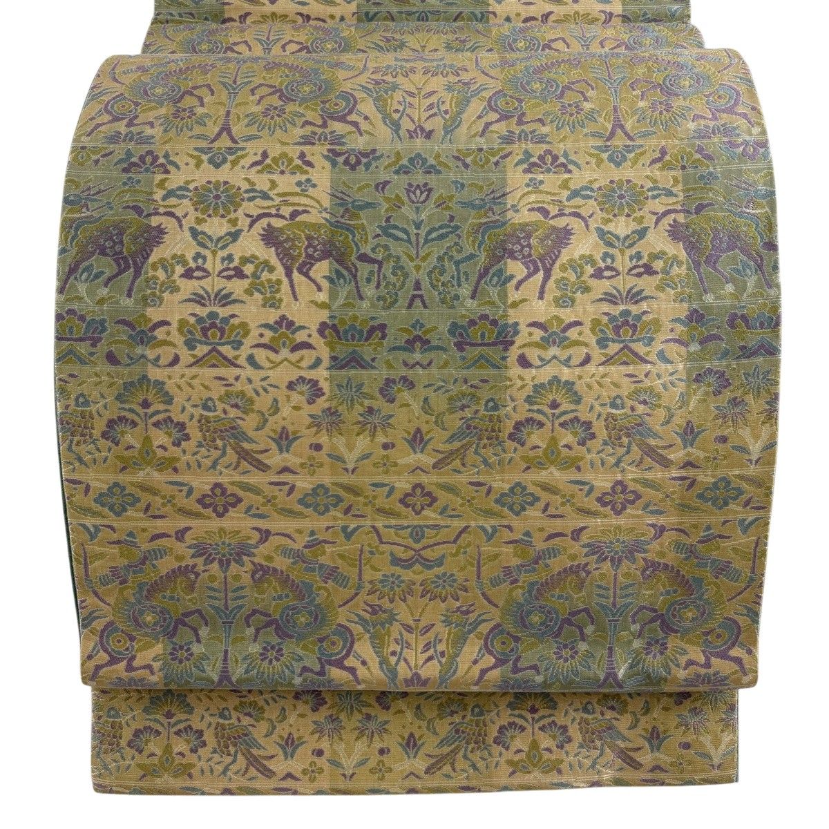 【美品】 袋帯 名品 狩猟文 花鳥 ベージュ 全通 正絹 【中古】