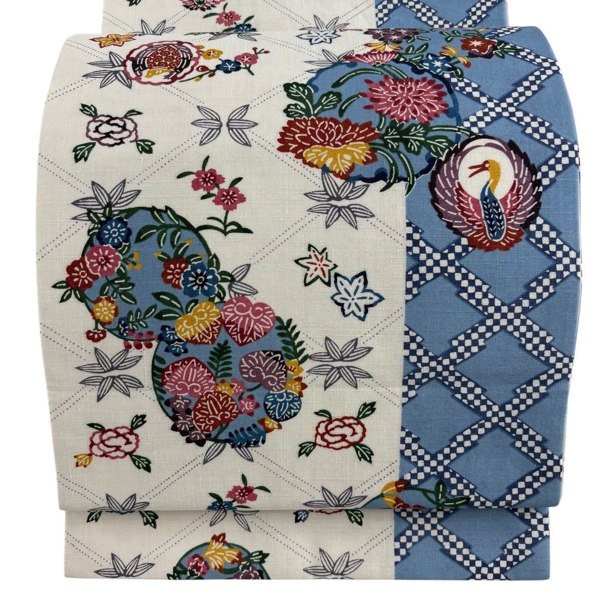 袋帯 名品 花丸文 鳥丸文 白 全通 正絹 【中古】