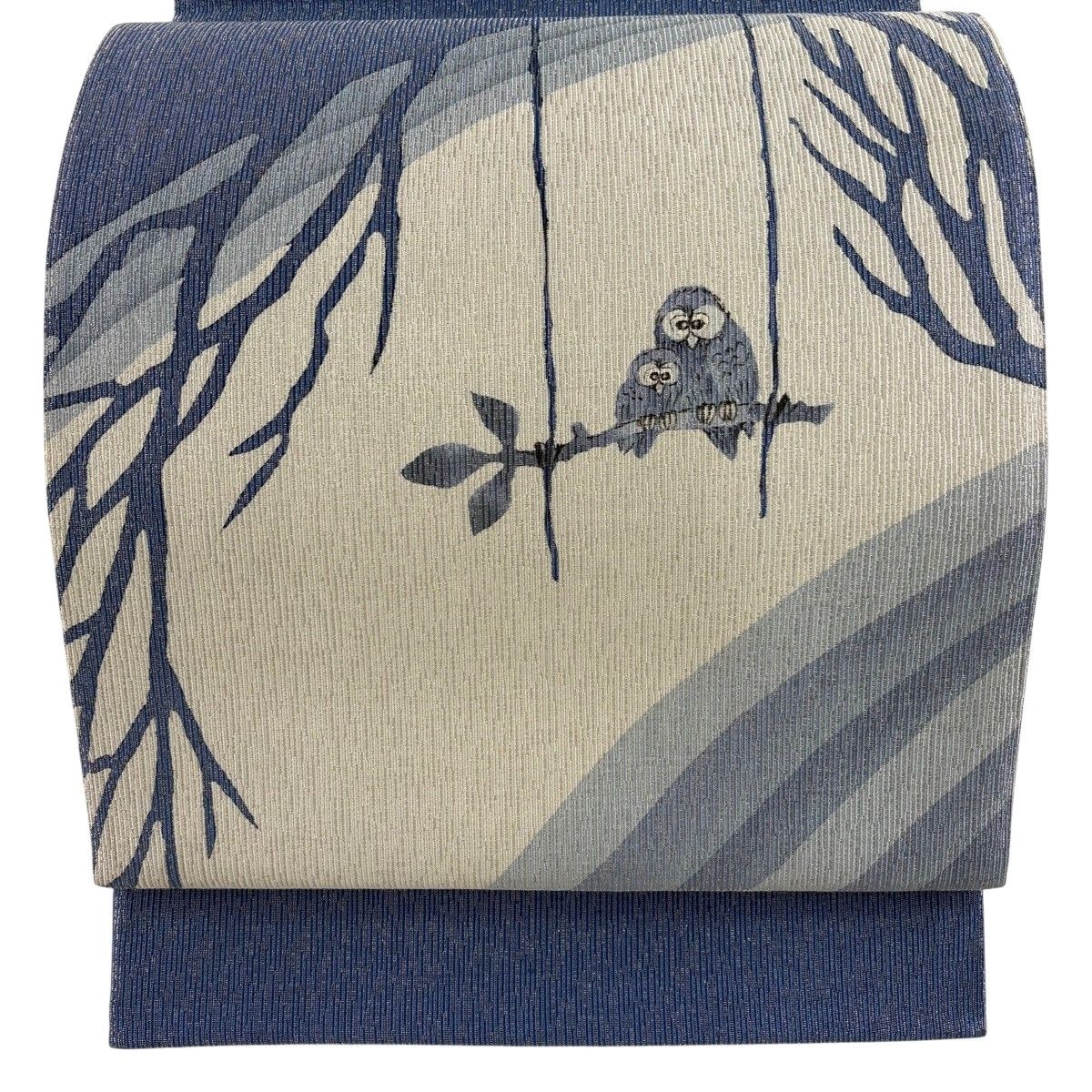 【美品】 袋帯 名品 落款 村松祥三 ふくろう 樹木 銀糸 青 お太鼓柄 正絹 【中古】袋帯