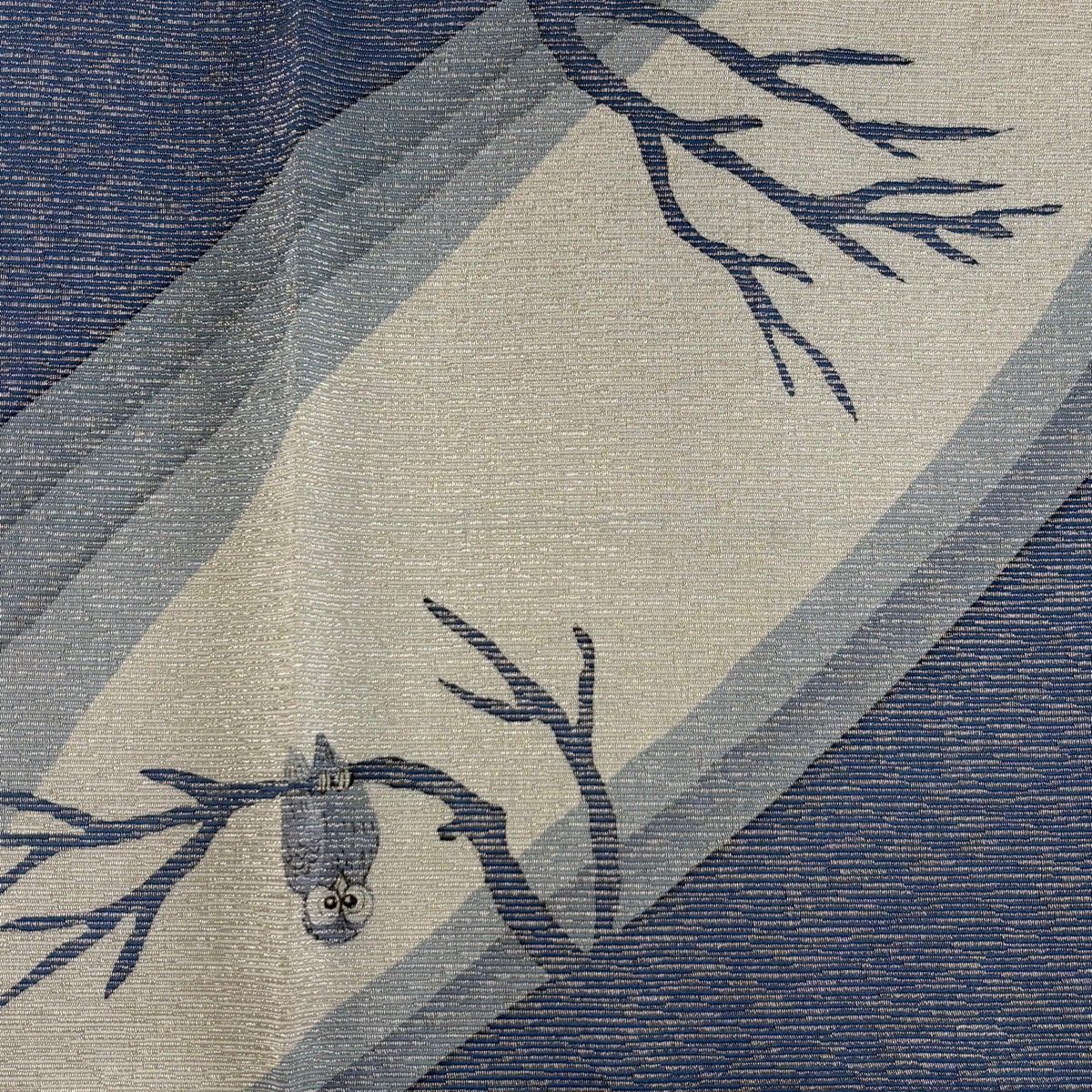 【美品】 袋帯 名品 落款 村松祥三 ふくろう 樹木 銀糸 青 お太鼓柄 正絹 【中古】