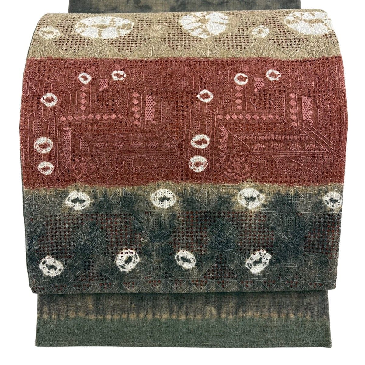 【美品】 袋帯 名品 紬地 関西仕立て 草花 鳥 刺繍 絞り 茶緑色 お太鼓柄 正絹 【中古】