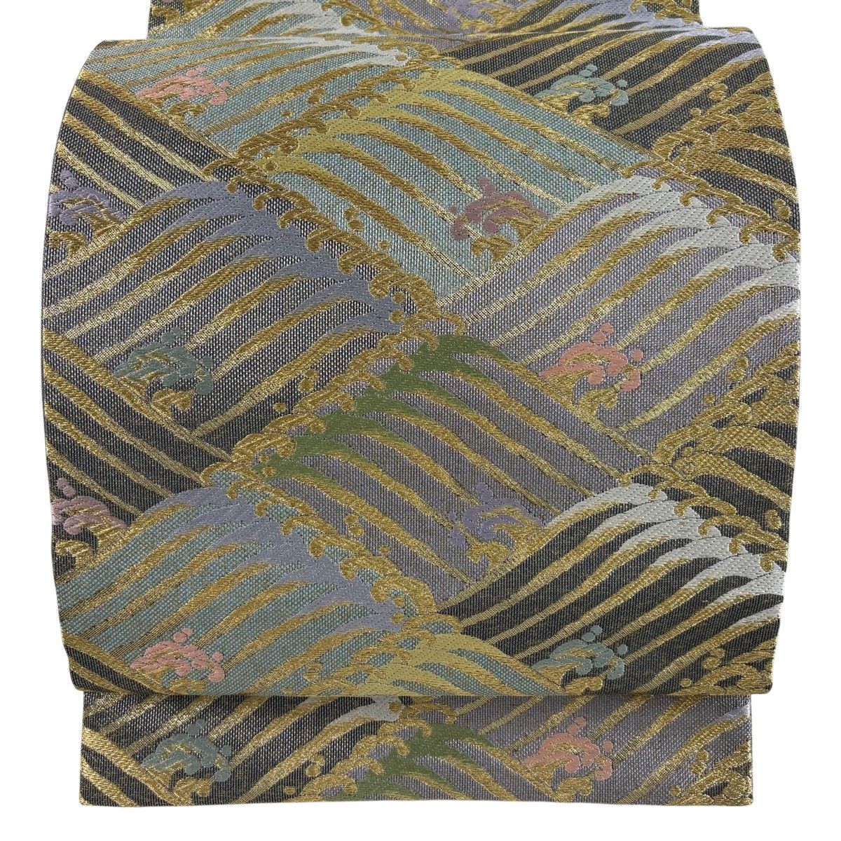 【美品】 袋帯 名品 波頭 金糸 箔 灰色 六通 正絹 【中古】