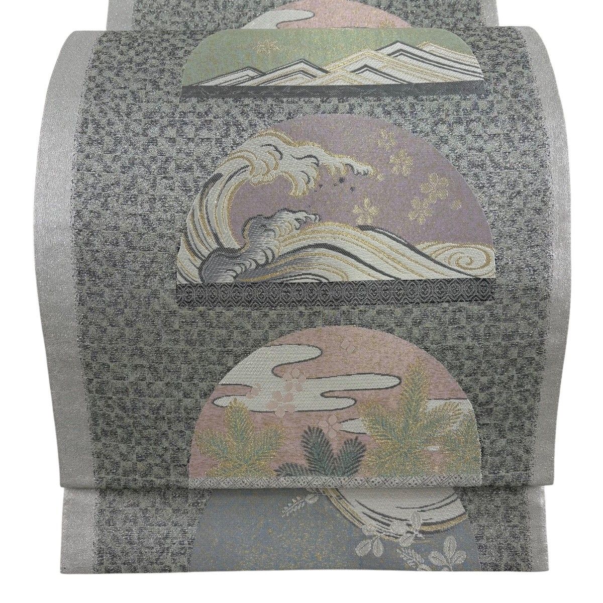 【美品】 袋帯 名品 波頭 若松 金銀糸 箔 灰色 六通 正絹 【中古】