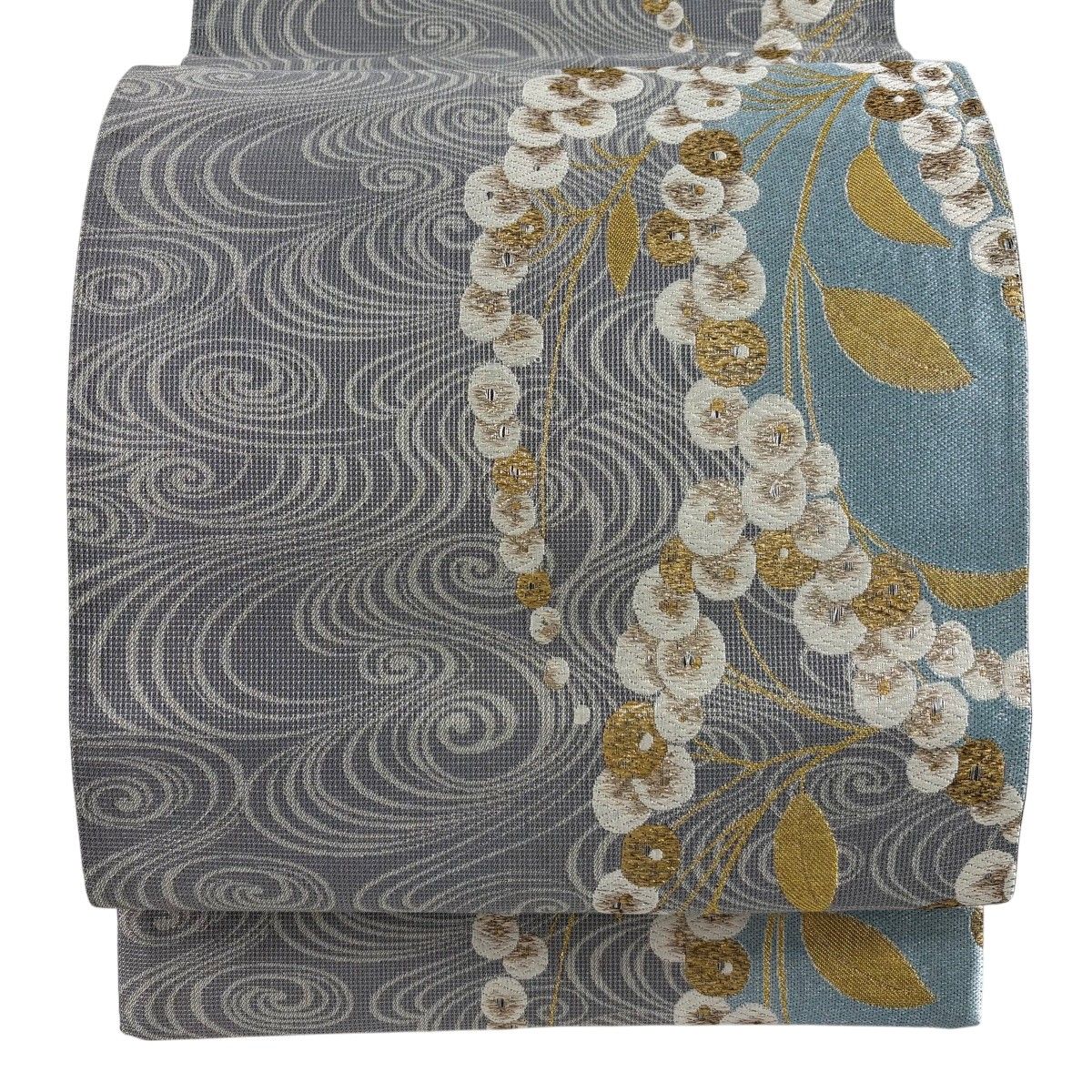 【美品】 袋帯 名品 草花 流水 銀糸 箔 灰色 六通 正絹 【中古】