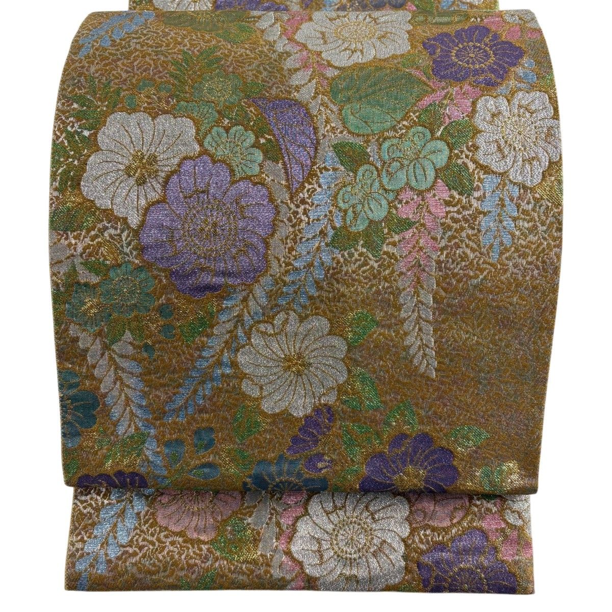 袋帯 名品 桜 藤 箔 金銀糸 黄土色 六通 正絹 【中古】