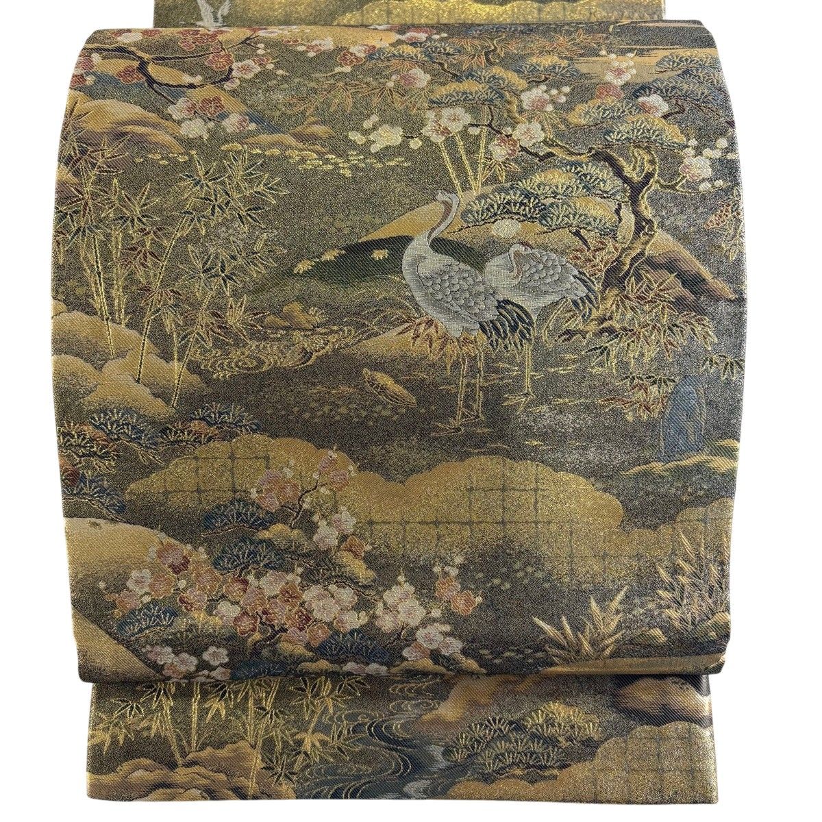 【美品】 丸帯 名品 鶴 松竹梅 箔 金糸 金色 お太鼓柄 正絹 【中古】 12,816円