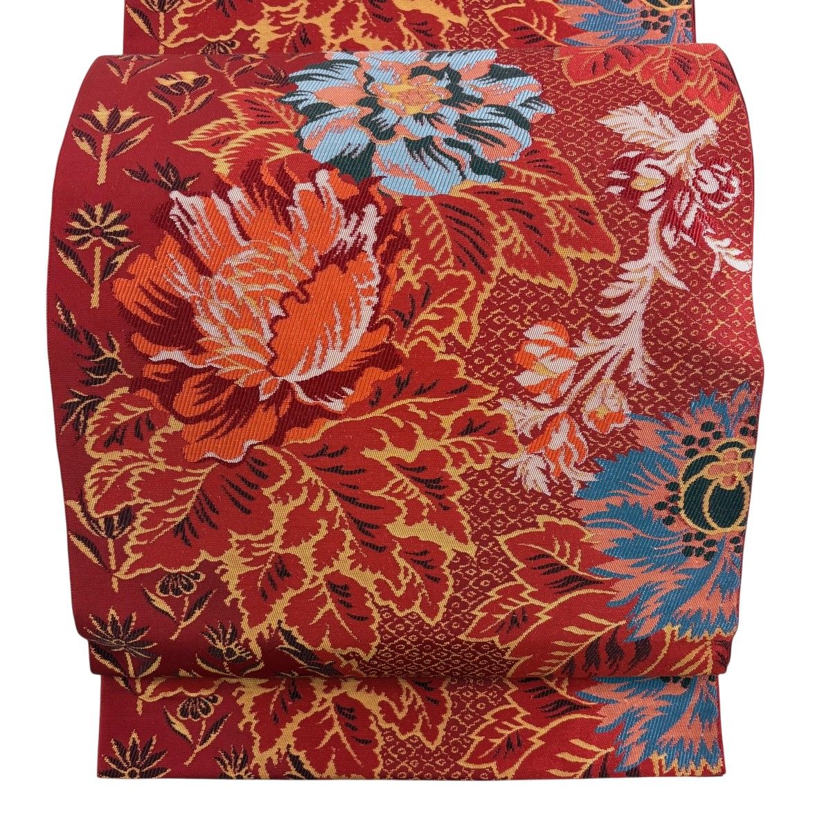 【美品】 袋帯 秀品 川島織物 落款 草花 箔 赤 六通 正絹 【中古】