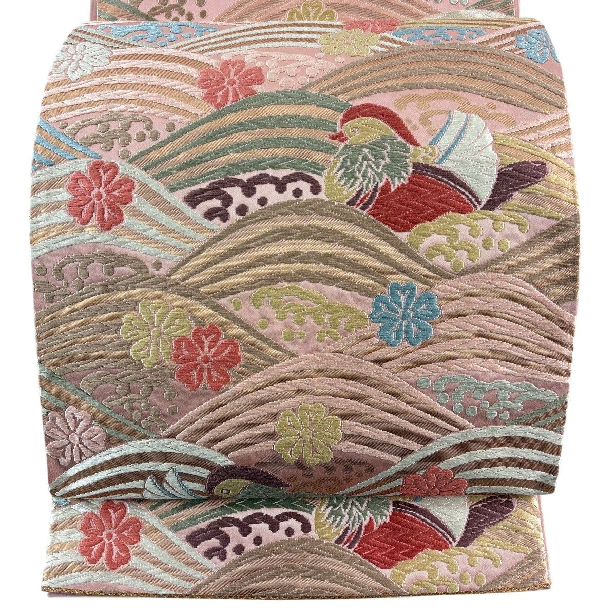【美品】 袋帯 秀品 関西仕立て 鴛鴦 波 箔 唐織 ピンク 六通 正絹 【中古】