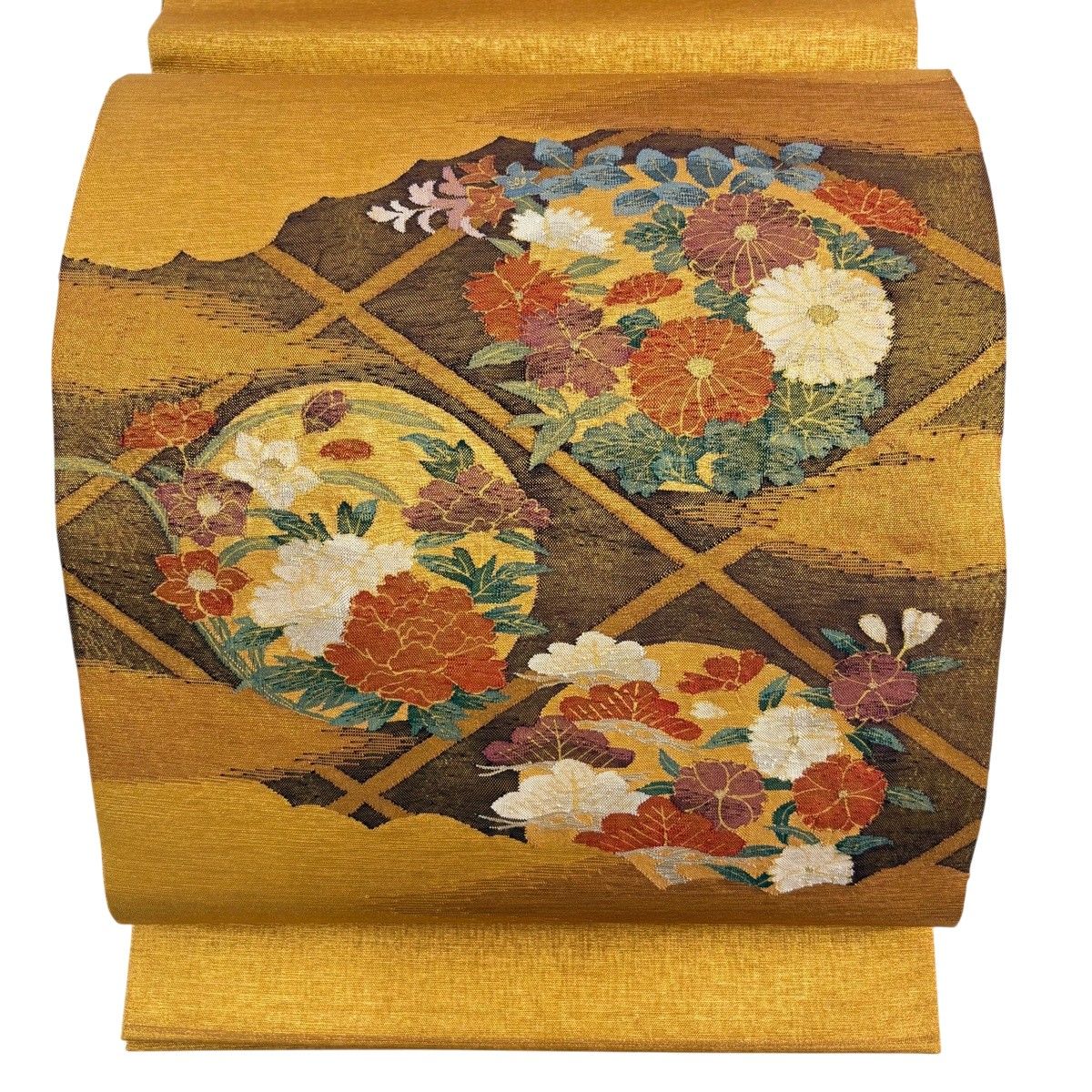 【美品】 袋帯 秀品 証紙 関西仕立て 秋草 牡丹 金糸 金彩 金色 お太鼓柄 正絹 【中古】