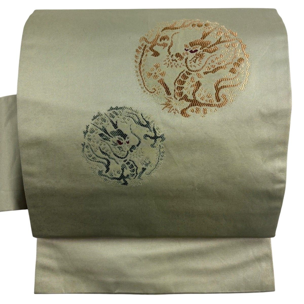 名古屋帯 秀品 関西仕立て 龍 金彩 灰緑 正絹 【中古】
