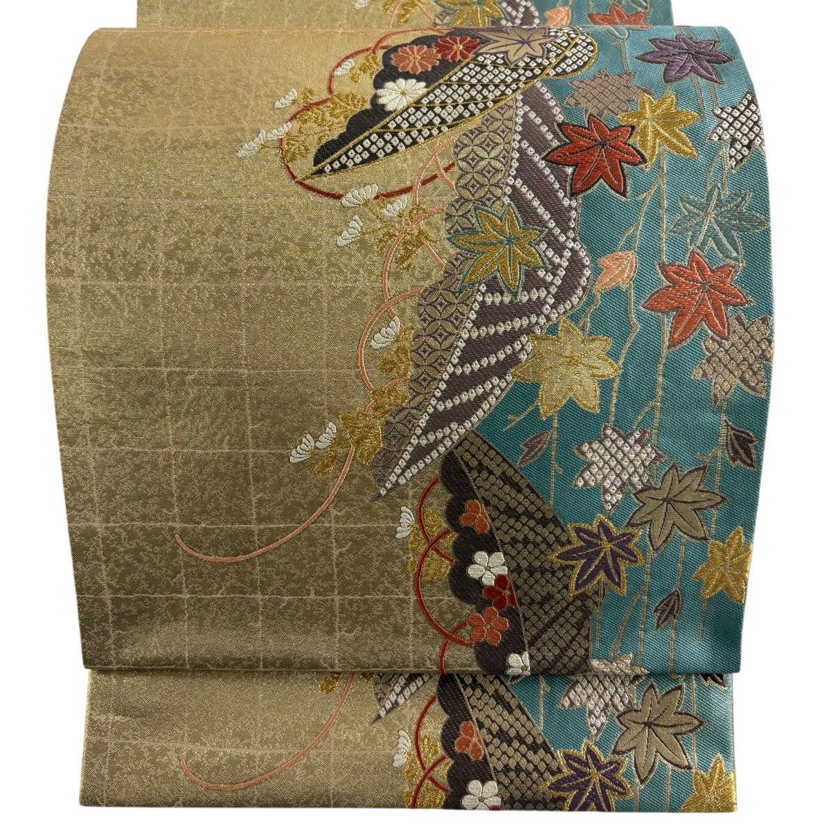 【美品】 袋帯 秀品 鈴乃屋 笠 楓 金糸 箔 金色 六通 正絹 【中古】
