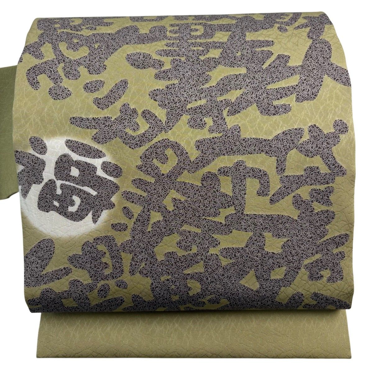 【美品】 名古屋帯 秀品 落款 文字文 地紋 抹茶色 正絹 【中古】