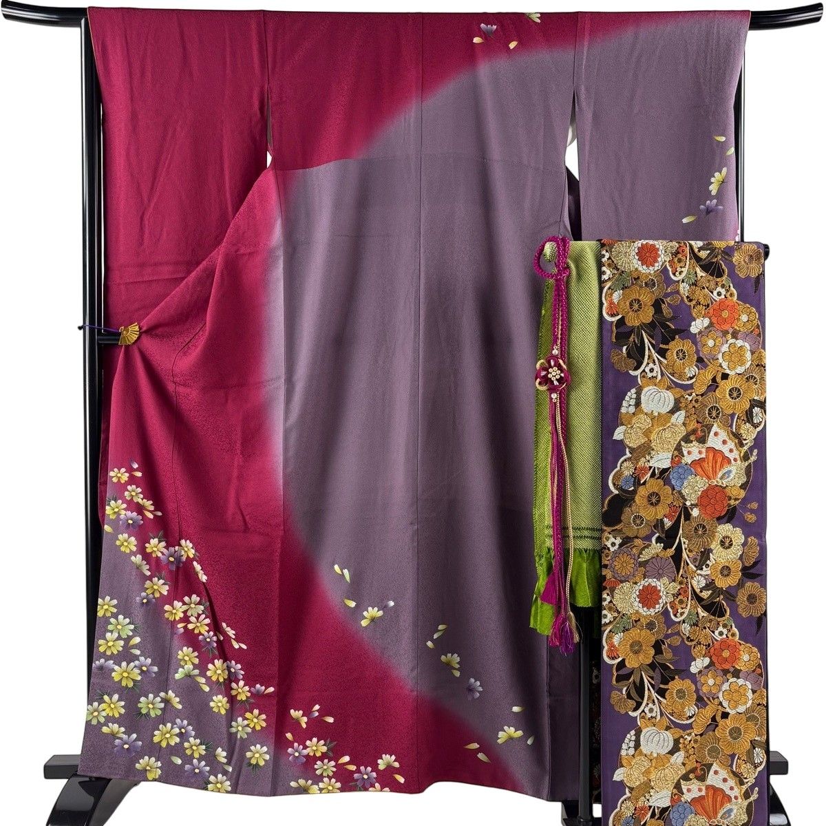【美品】 振袖 身丈162.5cm 裄丈66cm M 袷 袋帯フルセット コスモス 花びら 染め分け ぼかし 赤紫 正絹 秀品 【中古】