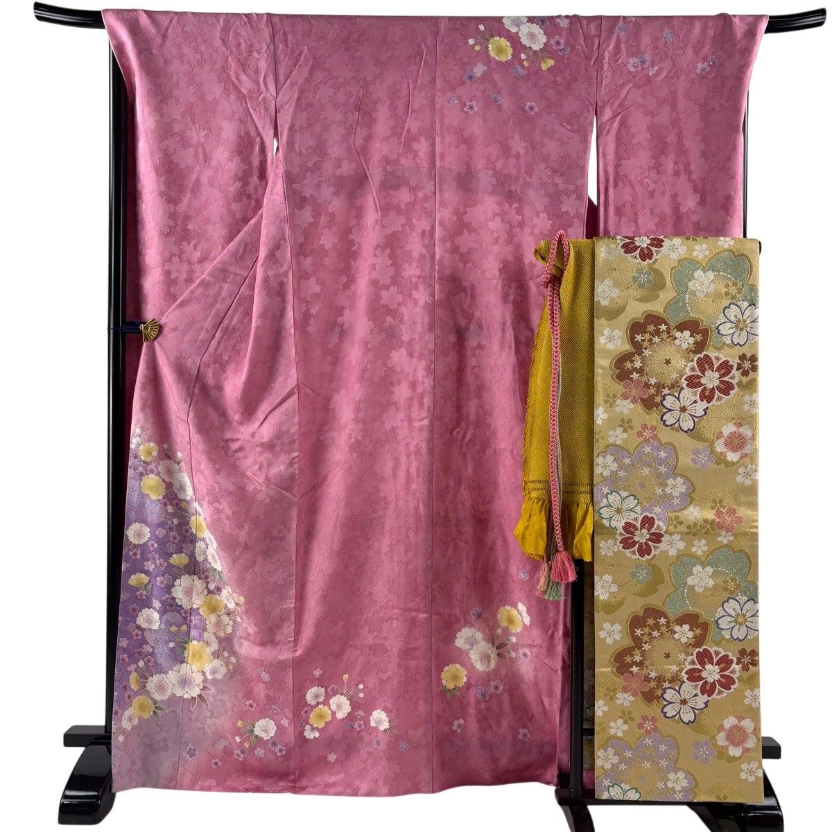 振袖 身丈169cm 裄丈70cm L 袷 袋帯フルセット 桜 地紋 金糸 金彩 ピンク 正絹 秀品 【中古】 14,768円