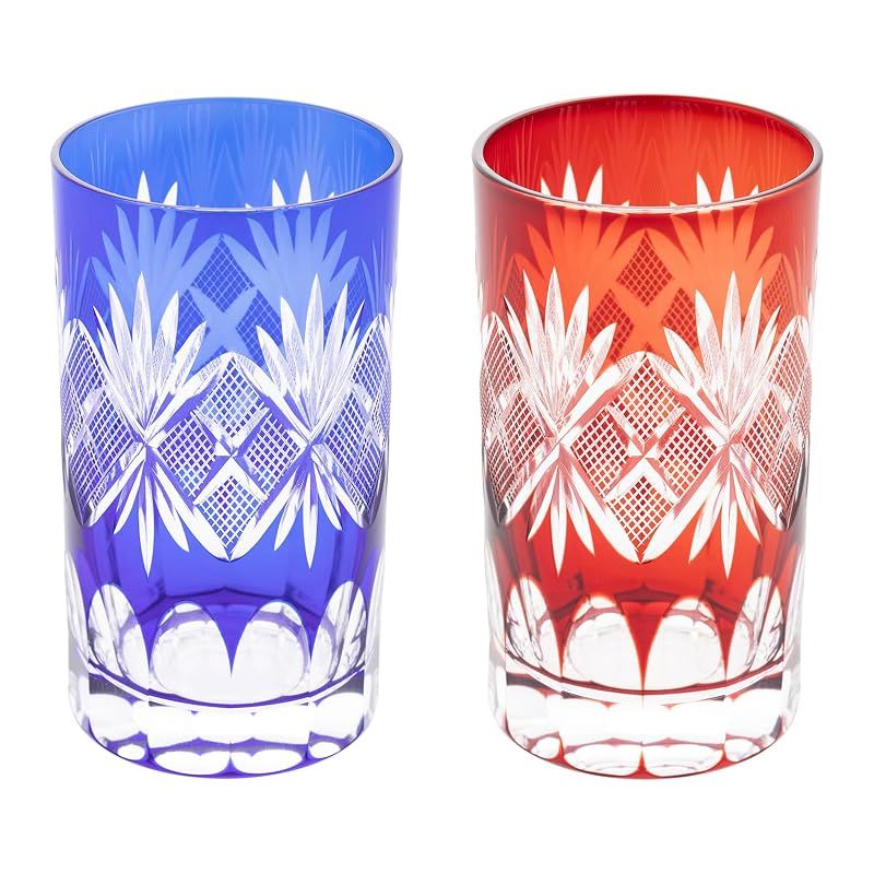 【新品】 【正規品】 田島硝子 「 江戸切子 」 タンブラー グラス ペアセット 直径約６×高さ11cm 容量約220ml 魚子紋 銅赤・瑠璃 ギフト プレゼント お祝い 日本製 TG98-11-2