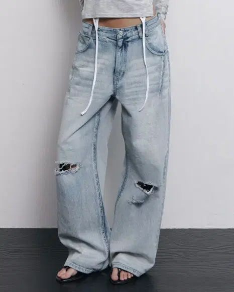 プリーズノーフォロー 25Damaged Washing Wide Denim ワイド デニム S