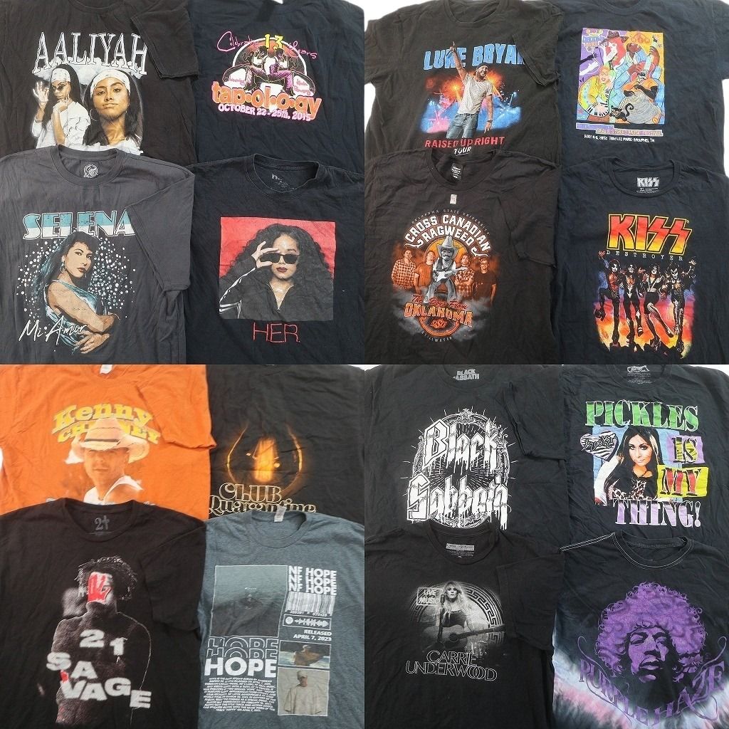 古着卸 まとめ売り 音楽・バンド Tシャツ 16枚セット ( メンズ XL ) 人物 KISS アリーヤ セレーナ ルーク・ブライアン 中古 古着 NG3487