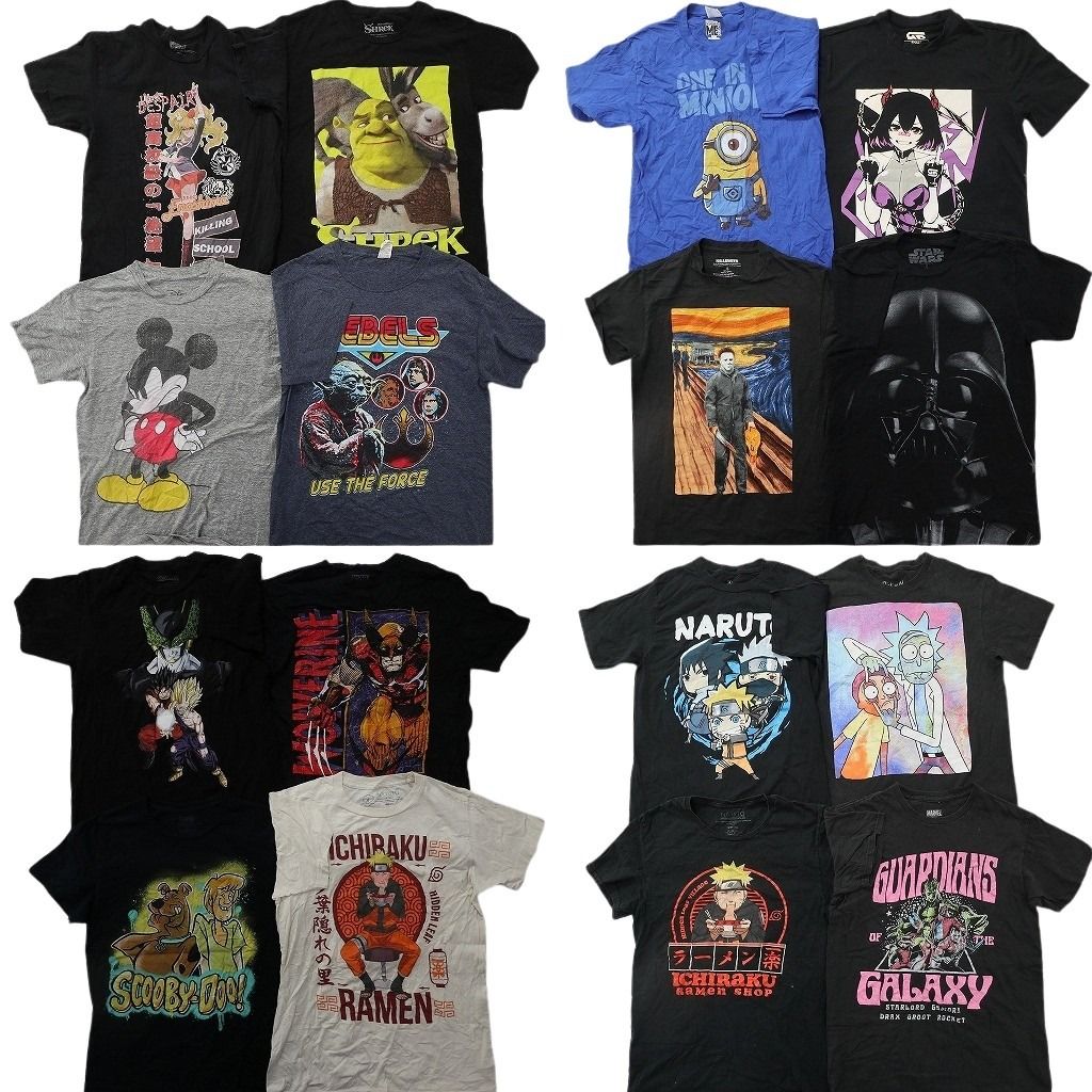 古着卸 まとめ売り キャラクター Tシャツ 16枚セット ( メンズ S ) ナルト ホラー 映画 ミニオンズ ドラゴンボール 中古 古着 NG3515