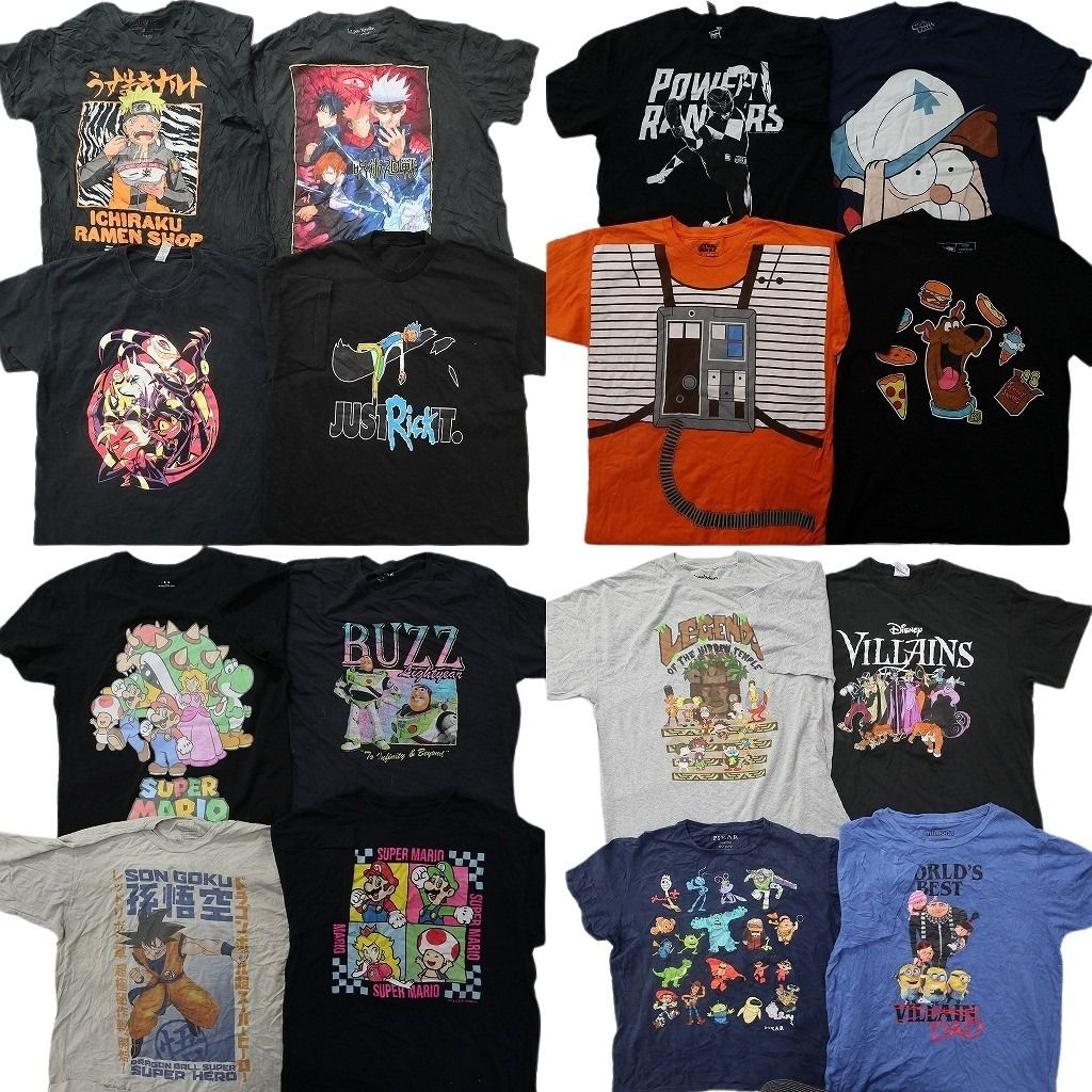 古着卸 まとめ売り キャラクター Tシャツ 16枚セット ( メンズ L ) ナルト ディズニー ヴィランズ ドラゴンボール マリオ 中古 古着 NG3520
