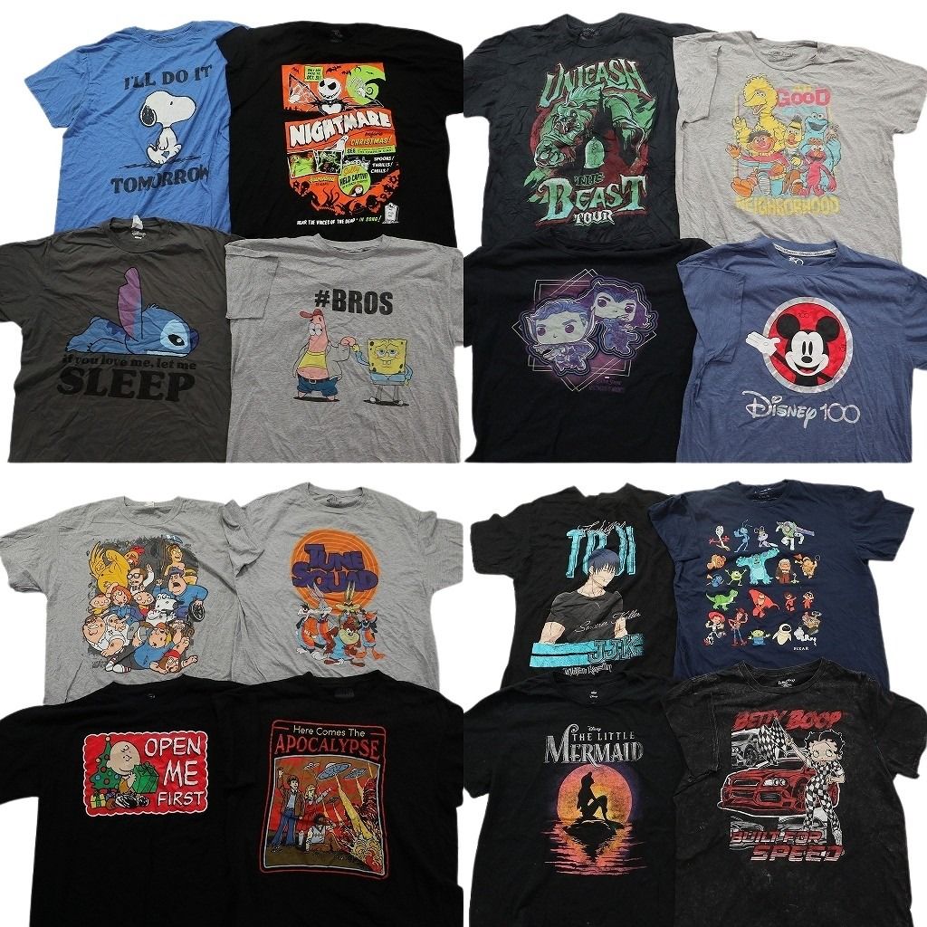 古着卸 まとめ売り キャラクター Tシャツ 16枚セット ( メンズ XL ) ディズニー セサミストリート スヌーピー スポンジボブ 中古 NG3527