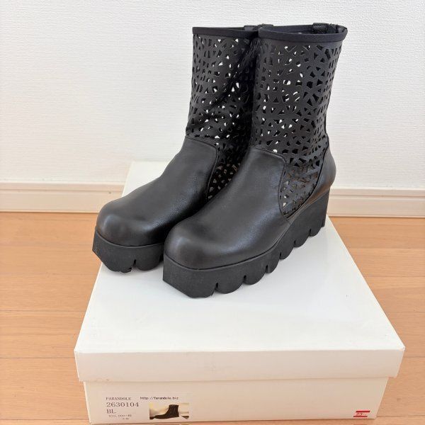 FARANDOLE ファーランドール サイドジップ カットワークブーツ 23.5cm 牛革コンビ 黒 中古 レディース チャンキーソール