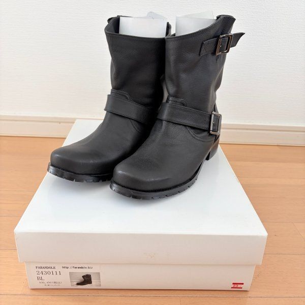 FARANDOLE ファーランドール エンジニアブーツ 23.5cm シュリンクレザー 牛革 黒 中古 レディース ベルト付き 日本製