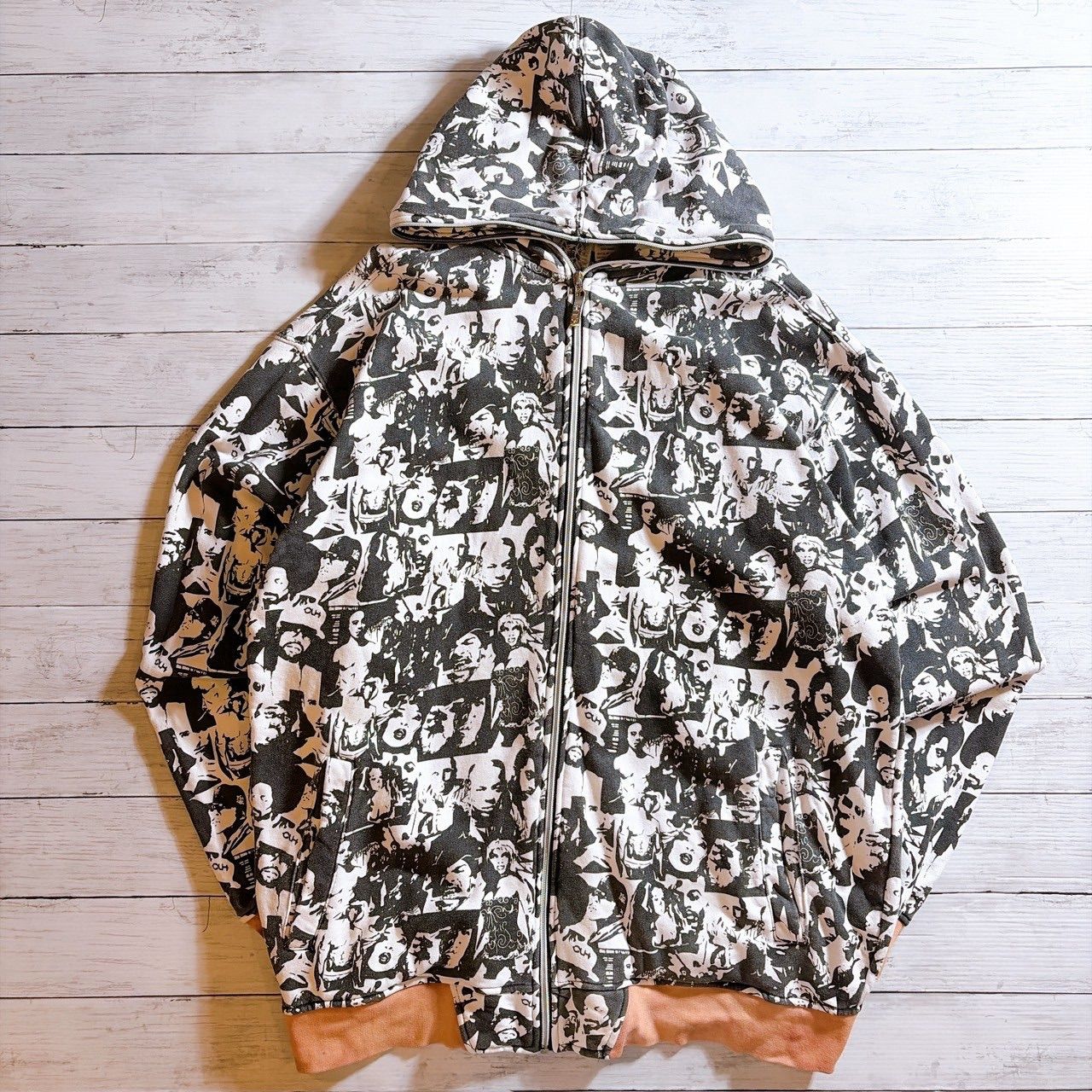 個性派デザイン】ZIP UP Hoodie ジップアップ ブラック 総柄 モノクロ