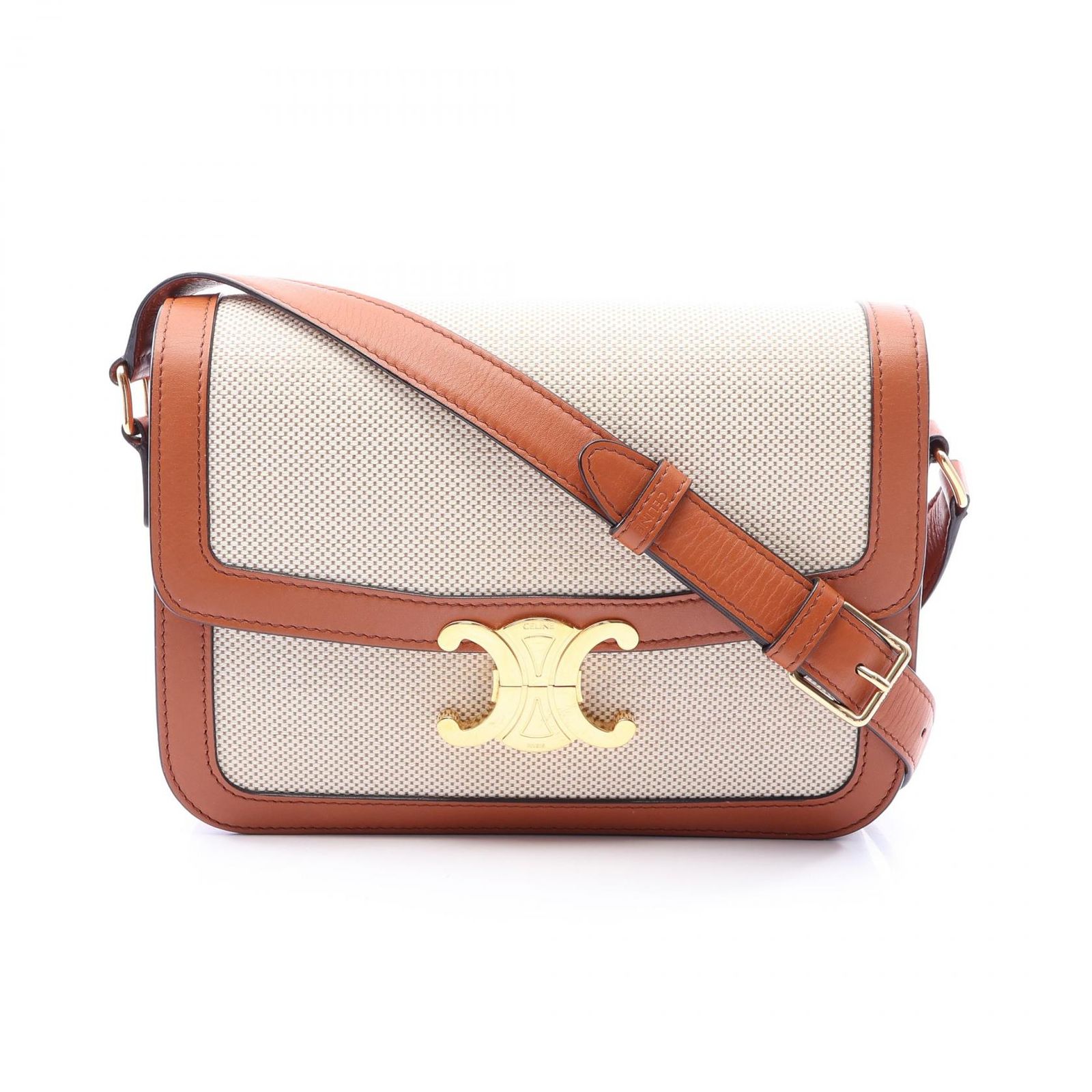 セリーヌ CELINE ショルダーバッグ クラシック トリオンフ ナチュラル/ブラウン キャンバス レザー クラシック トリオンフ バッグ レディース Used A