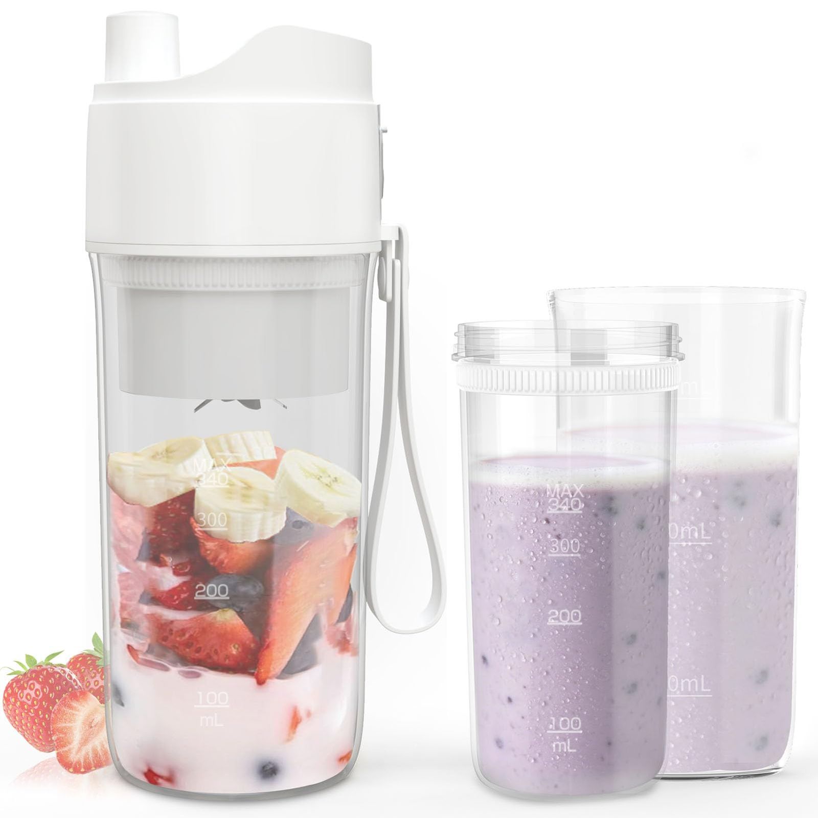 Aliliy ミキサー スムージー 小型 ジューサー コードレス 2つコップ 氷も砕ける USB充電式 340ML 野菜 果物 離乳食 マットホワイト | ブレンダー 一台多機能 3000mAh Type-C 一人暮らし 健康ダイエット 持ち 1270d378