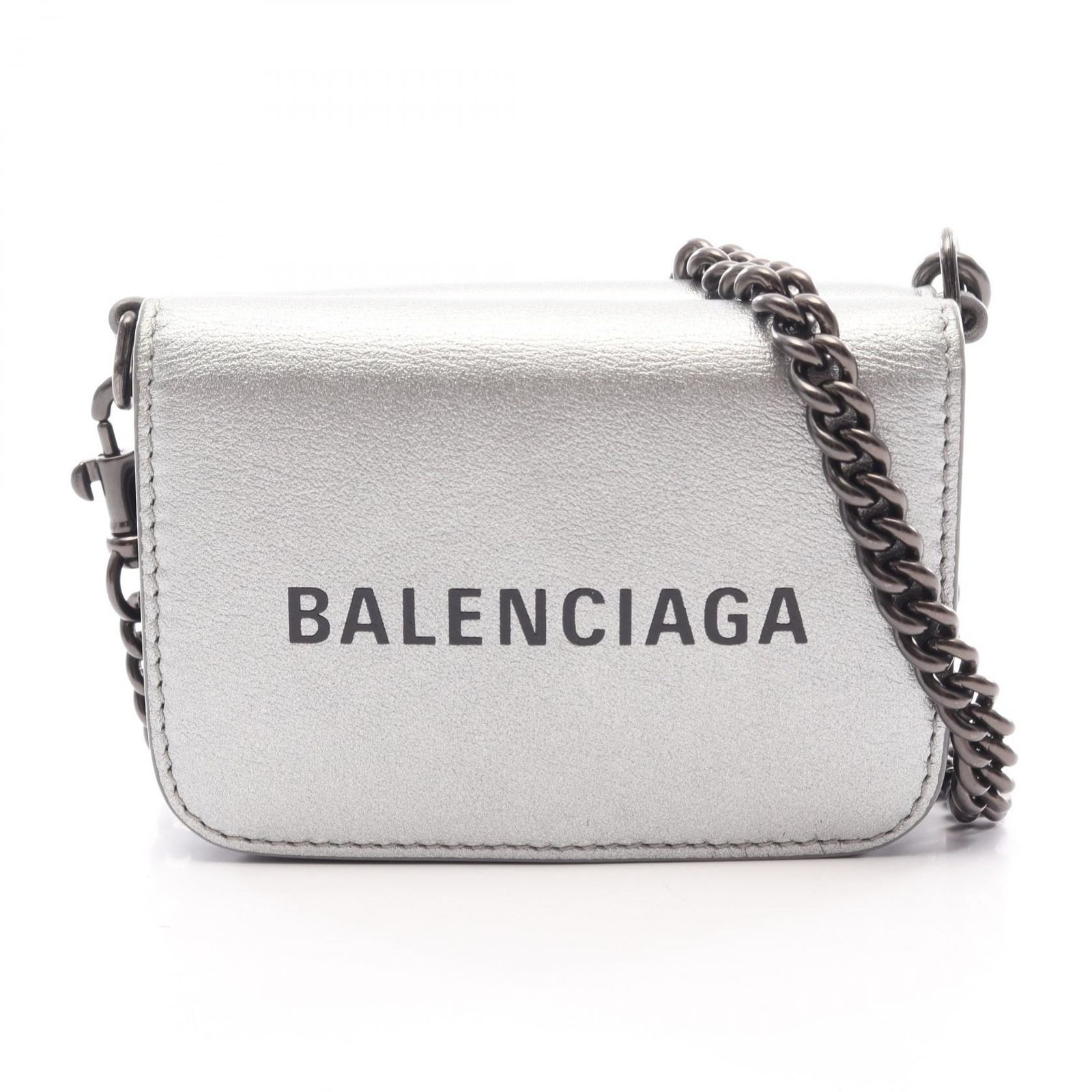 バレンシアガ BALENCIAGA 三つ折り財布 キャッシュ ミニ チェーンウォレット グレインド 618145 シルバー/ブラック レザー Cash チェーンミニウォレット レディース