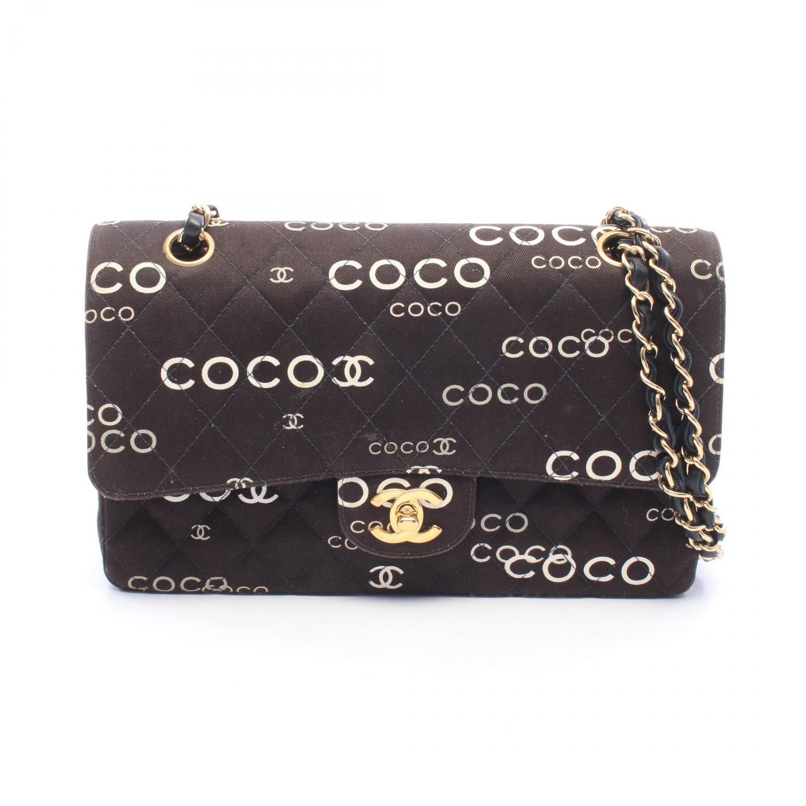 シャネル CHANEL ショルダーバッグ マトラッセ Wフラップ ブラック キャンバス レザー ココプリント マトラッセ ダブルフラップ チェーンショルダー レディース